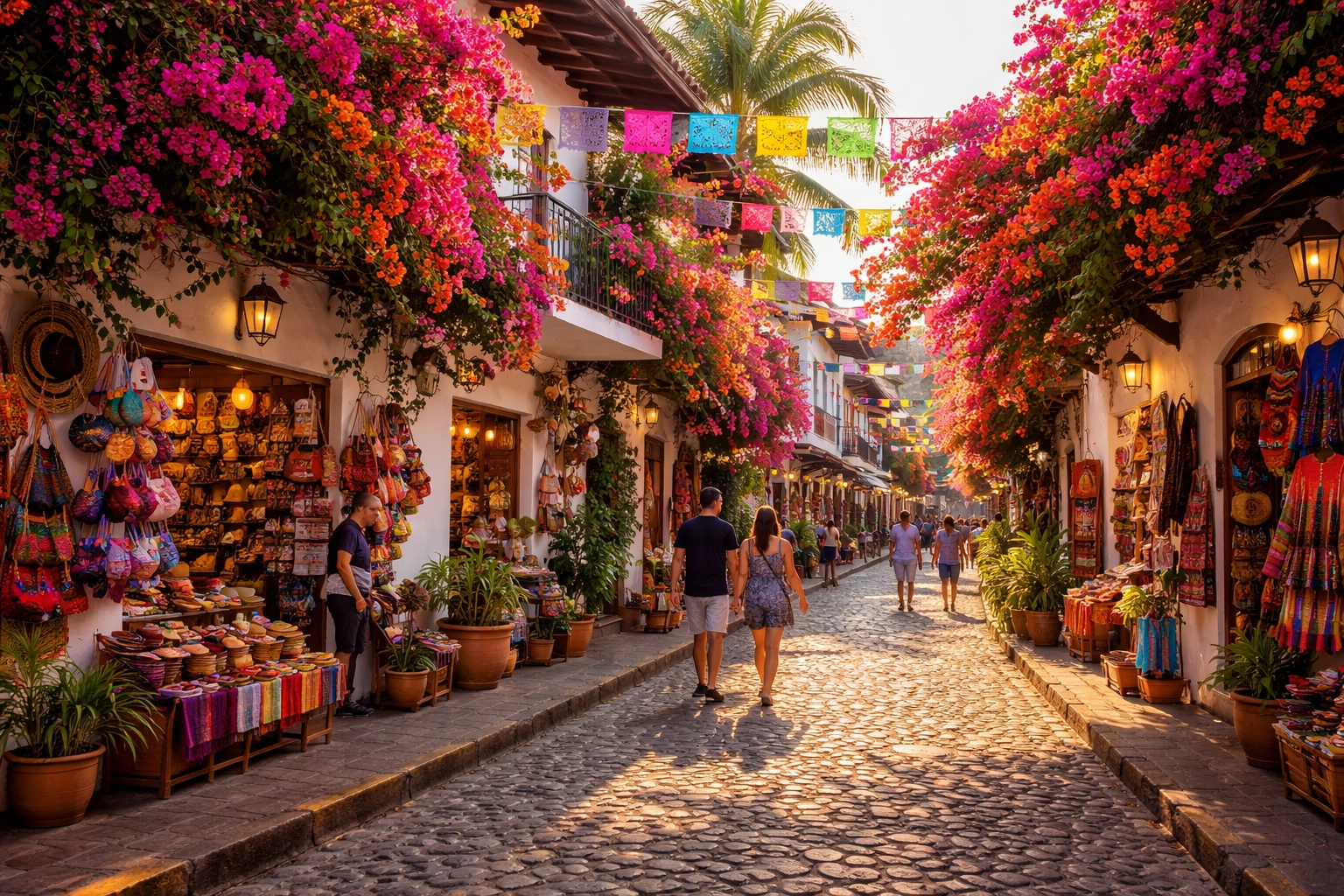 Colorful cobblestone street in Puerto Vallarta Old Town with vibrant flowers, local shops, and walking tourists showcasing authentic neighborhood life