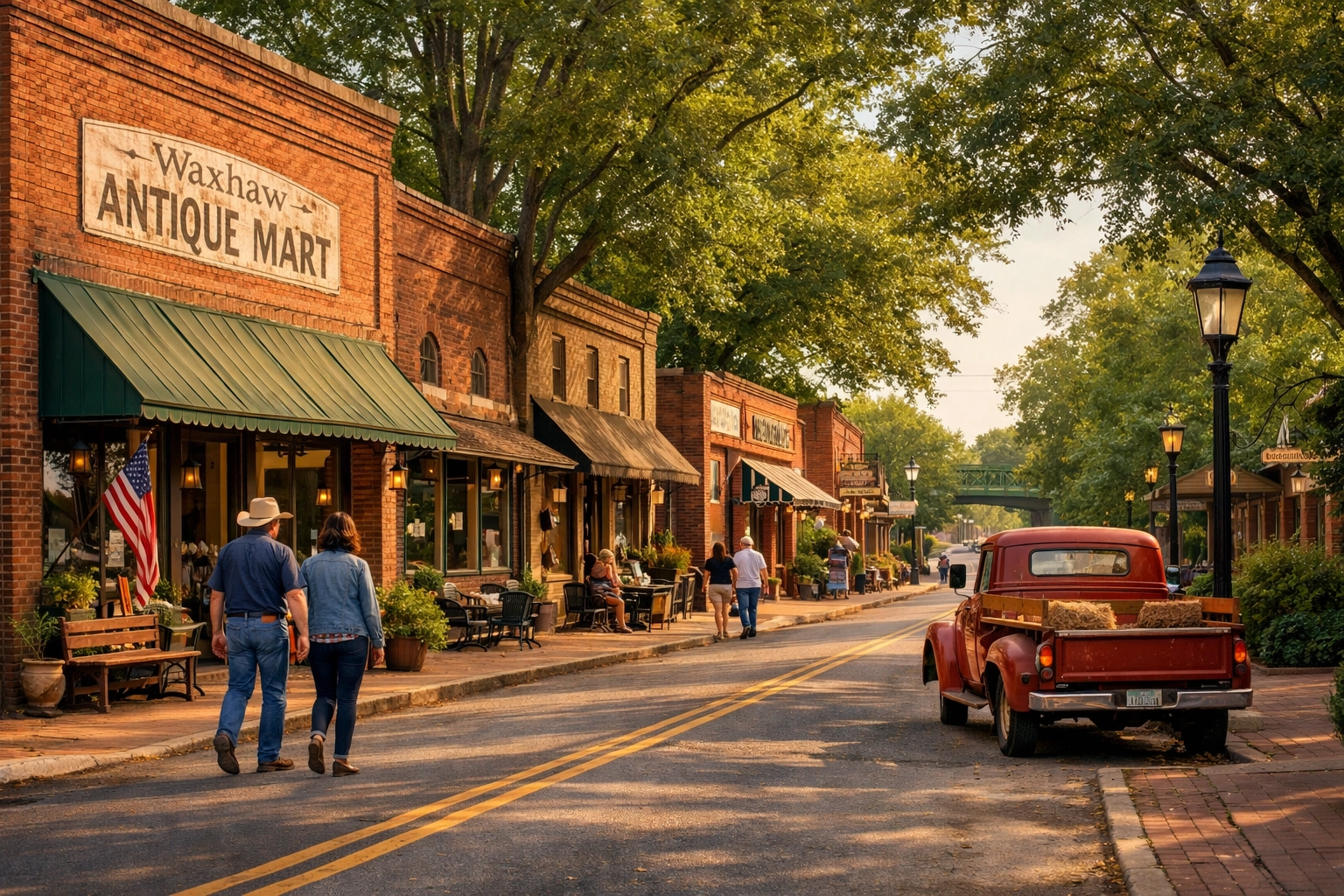 Historic downtown Waxhaw NC main street with shops and tree-lined sidewalks