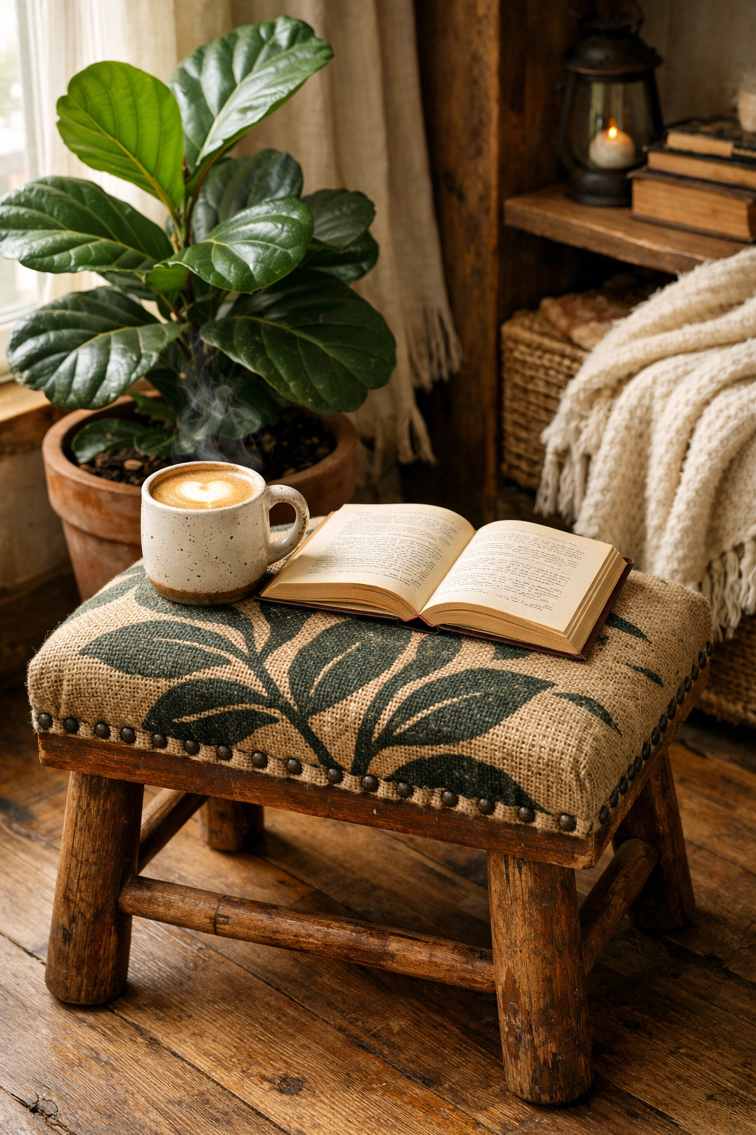 A rustic stool upholstered with a repurposed coffee sack in a cozy home interior setting.