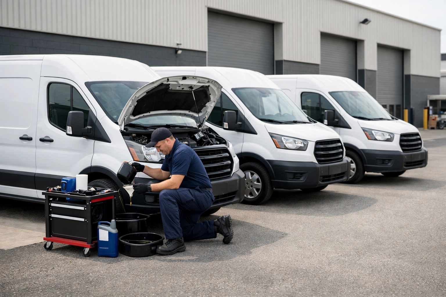 Professional fleet maintenance and mobile oil changes for local delivery vans at a Green Bay business warehouse.