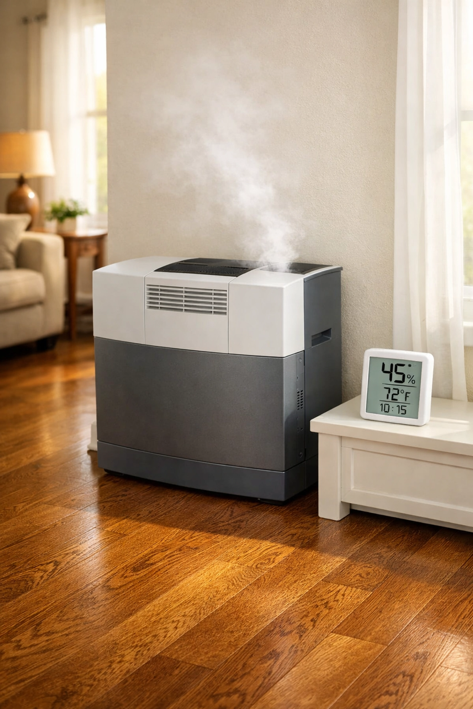 Whole-home humidifier for hardwood floor maintenance and humidity control