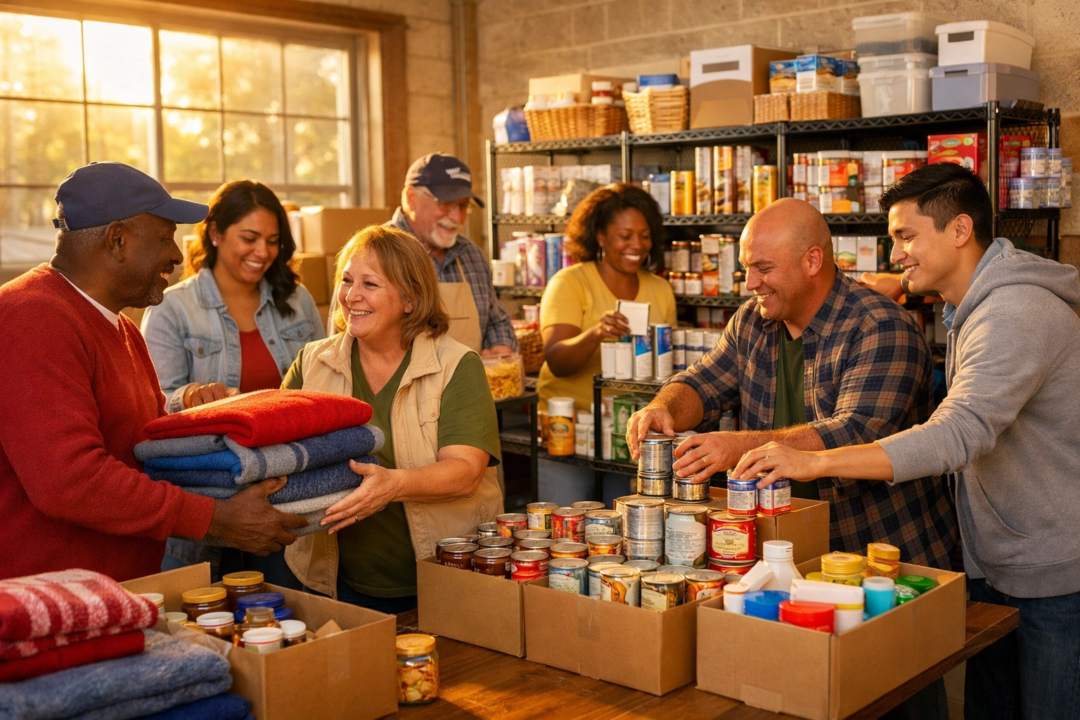Black women volunteers in South Jersey organizing emergency supplies and donated essentials at a community warehouse for disaster recovery support