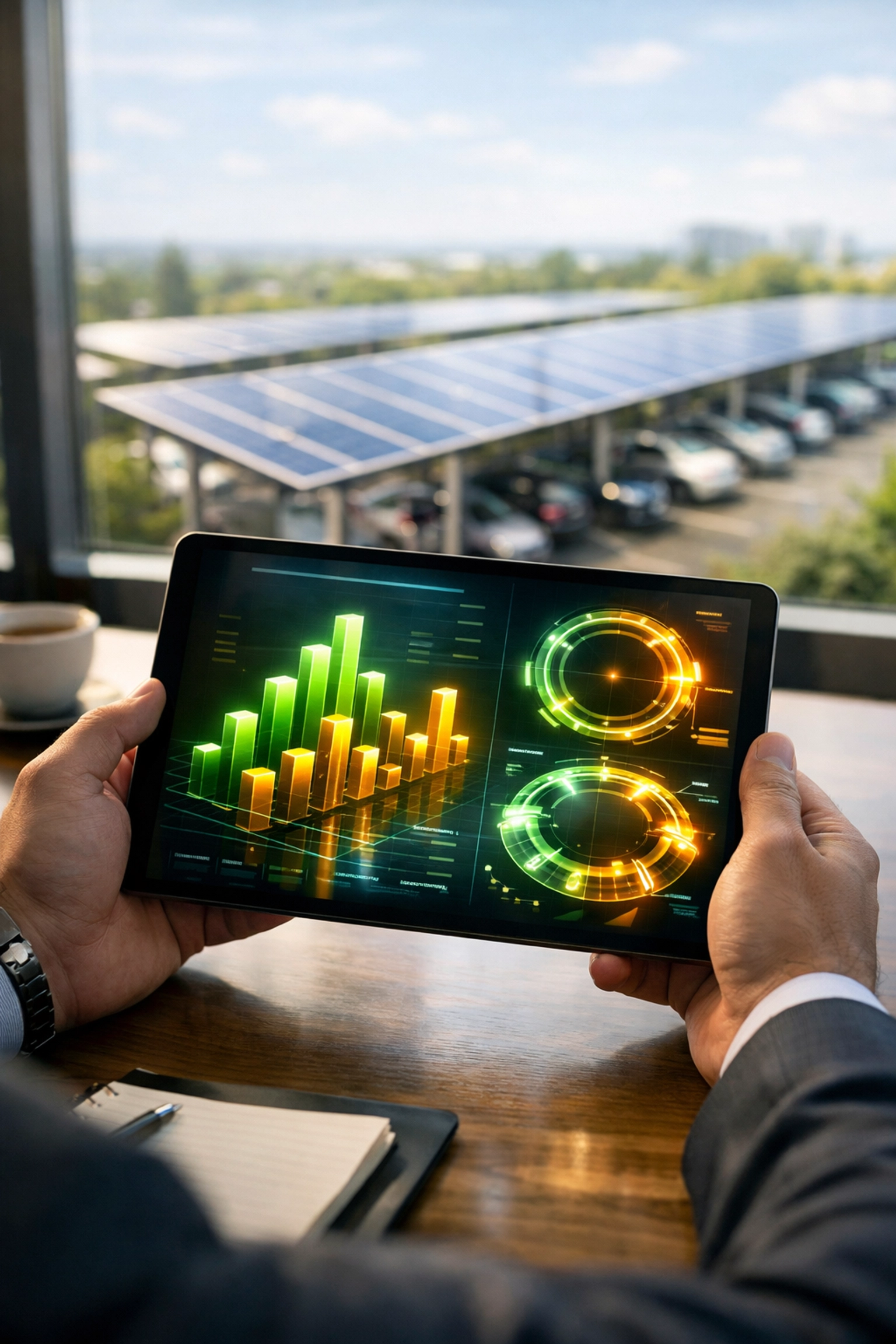 Executive using a digital dashboard to monitor real-time energy production from a commercial solar installation.