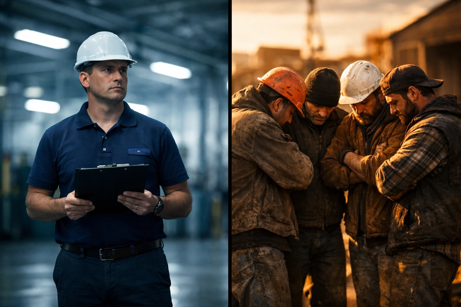 Safety manager standing alone while construction workers huddle together showing workplace tribal divide