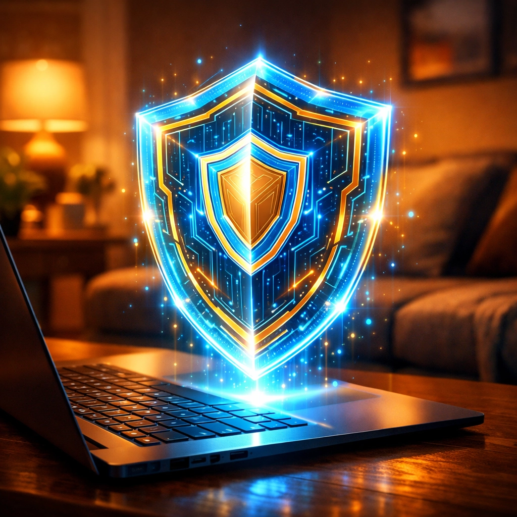 Protective digital shield over a laptop illustrating secure IT support for home and online safety.