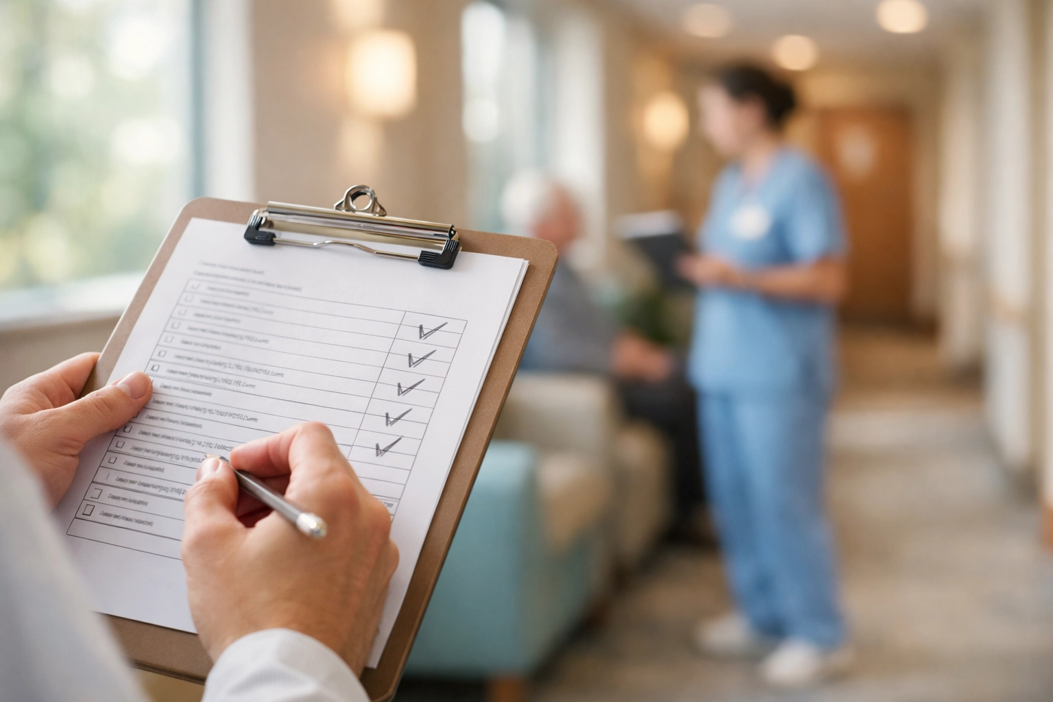 Clinical staff conducting patient safety rounds with checklist in behavioral health facility