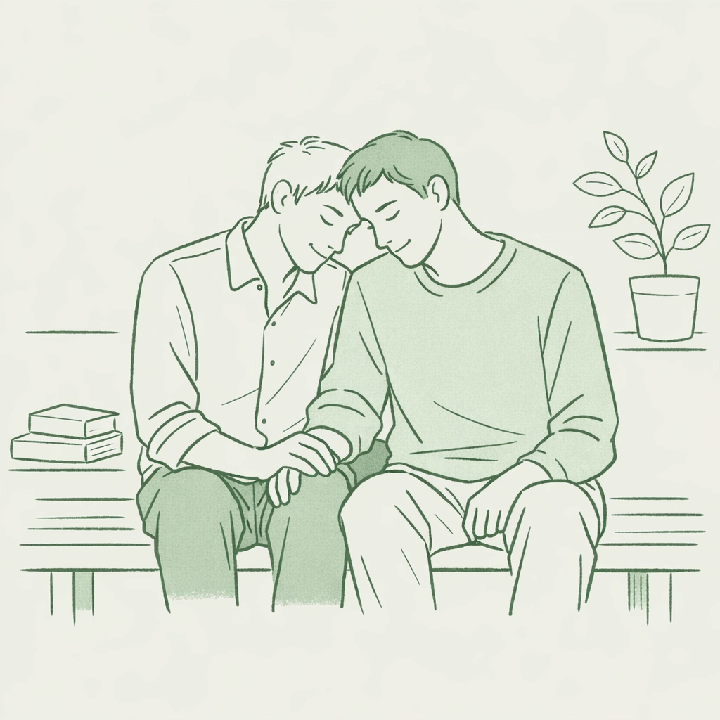 Illustration of two men sharing a quiet emotional connection on a bench, reflecting asexual gay love stories.