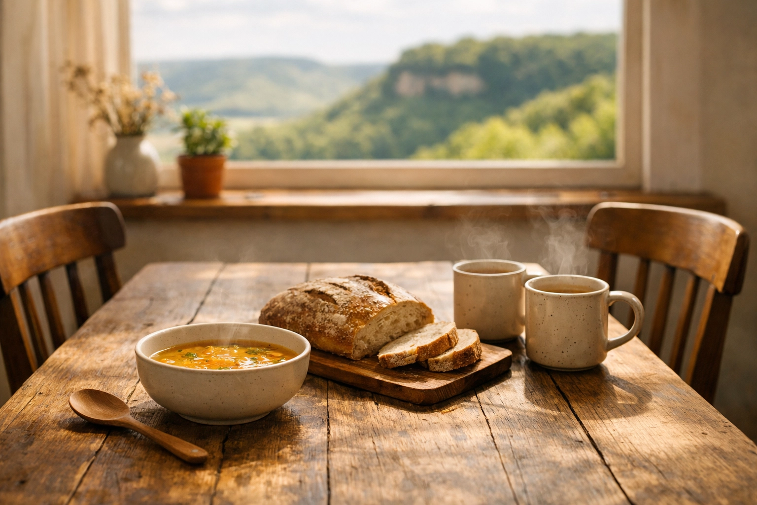 A rustic dining table with warm food and tea, representing hospitality and welcoming refugees into the community.