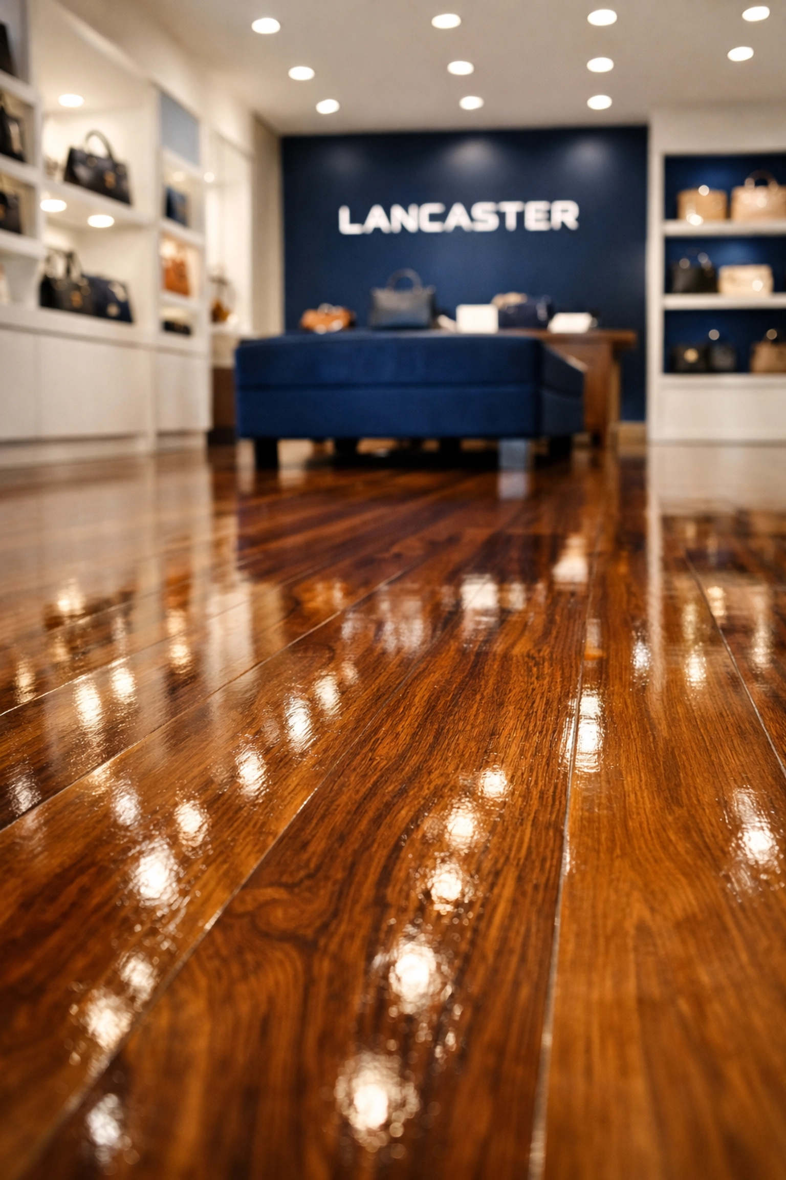 Pristine polished hardwood floors in a Lancaster boutique showing professional floor maintenance.