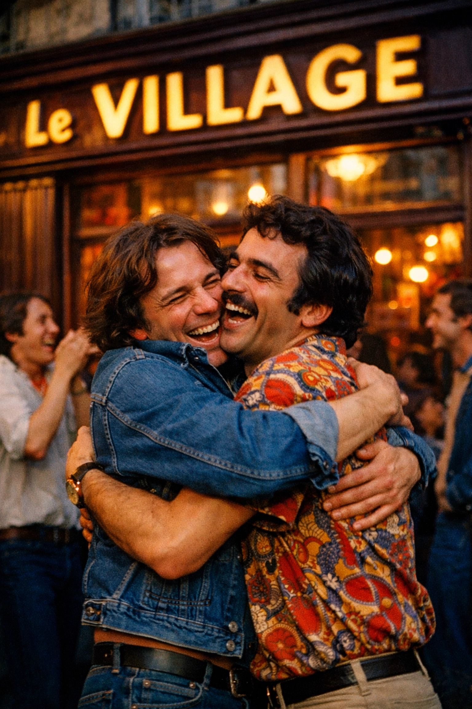 Gay men celebrating outside Le Village bar during 1970s Paris LGBTQ+ liberation era