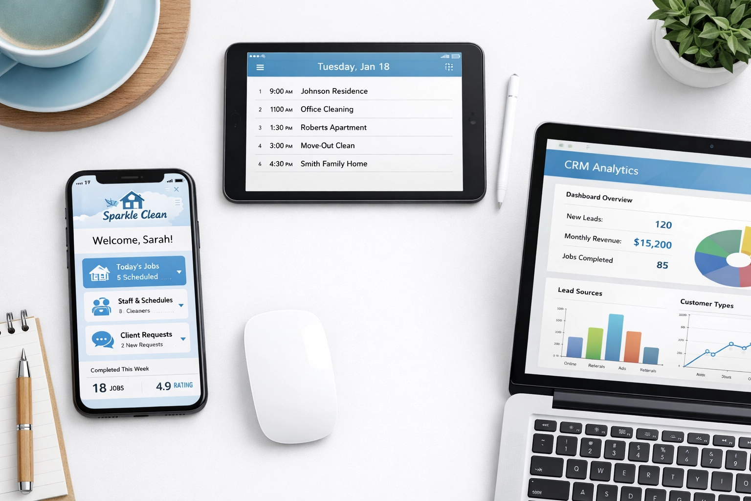 Multi-device view of cleaning business CRM software with scheduling and analytics features