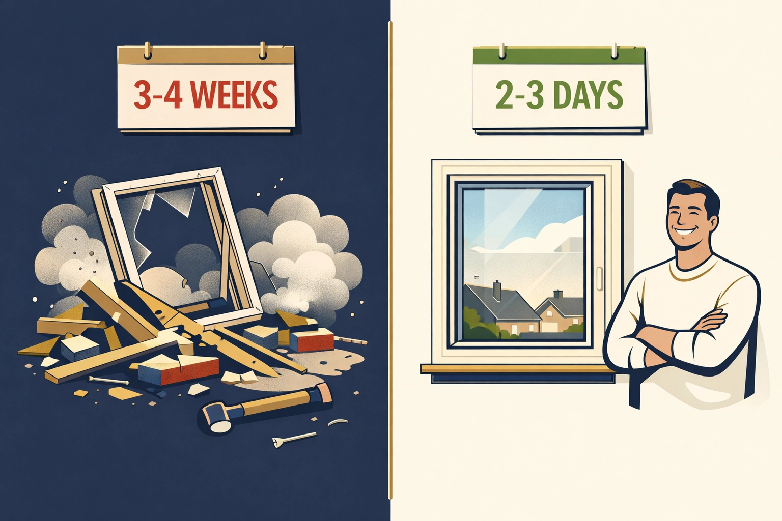 Secondary glazing installation time comparison showing 2-3 days vs traditional window replacement