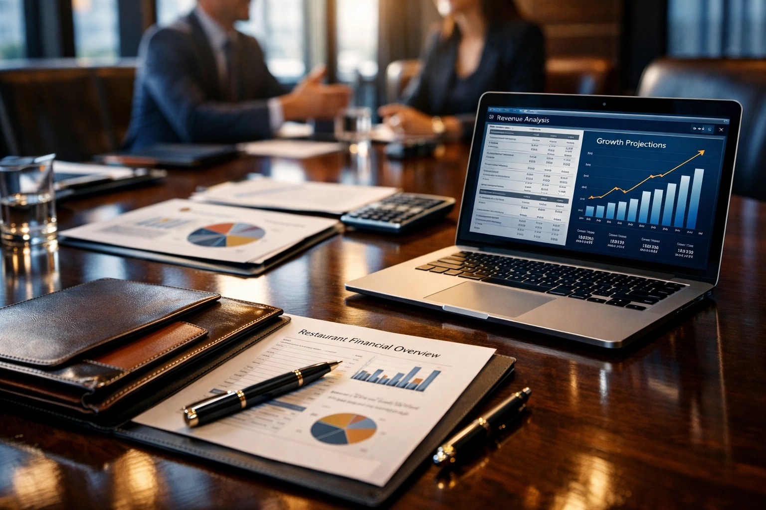 Restaurant investment meeting with financial documents and growth projections for expansion