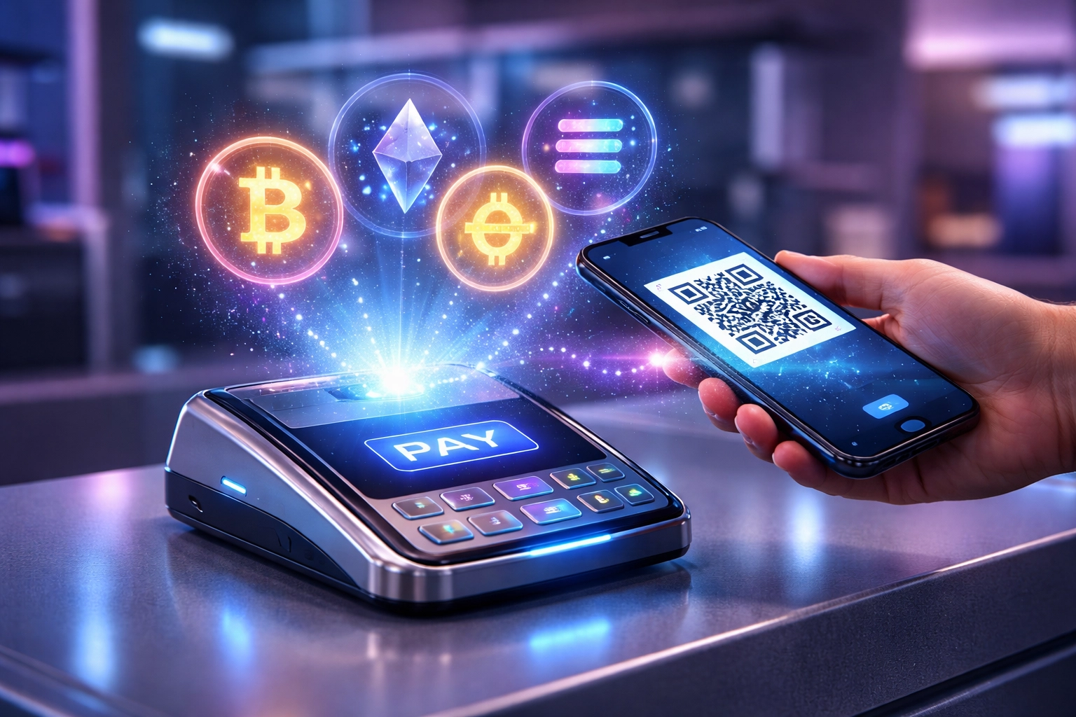 Crypto POS terminal with floating cryptocurrency symbols and QR code payment, showcasing multi-currency support for small businesses