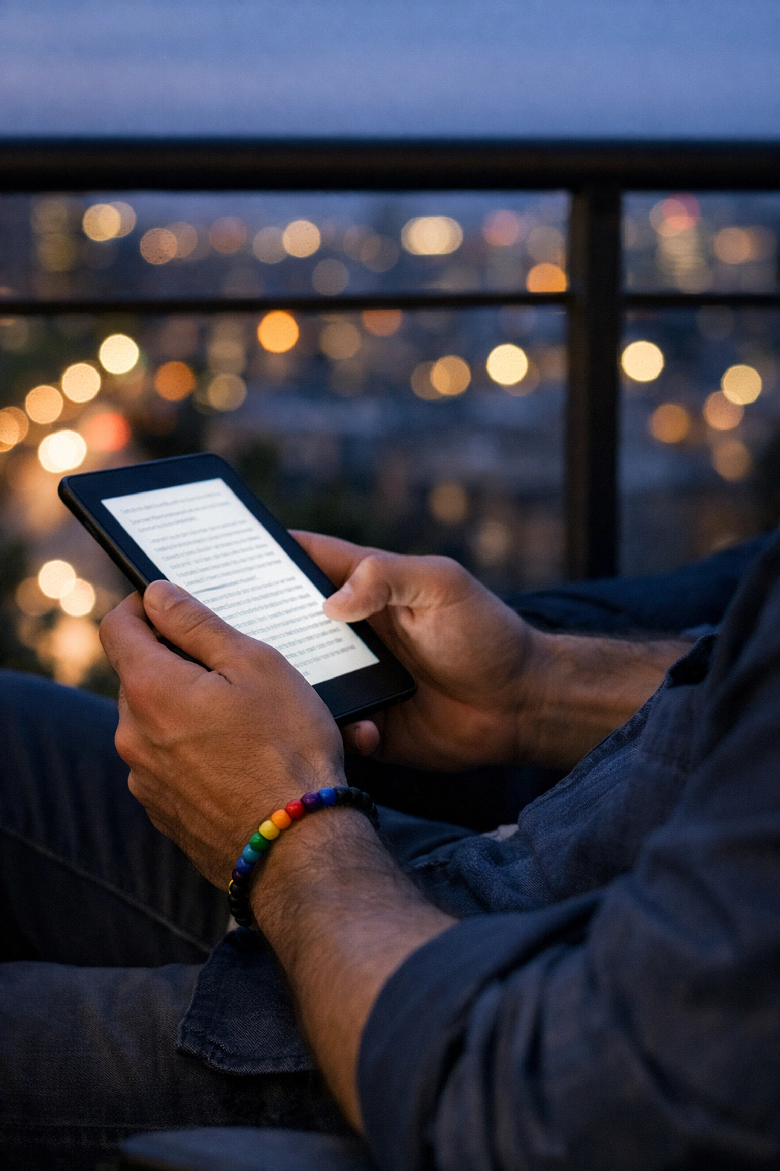 A gay professional with a rainbow bracelet reading an LGBTQ+ ebook on an e-reader at dusk for career inspiration.