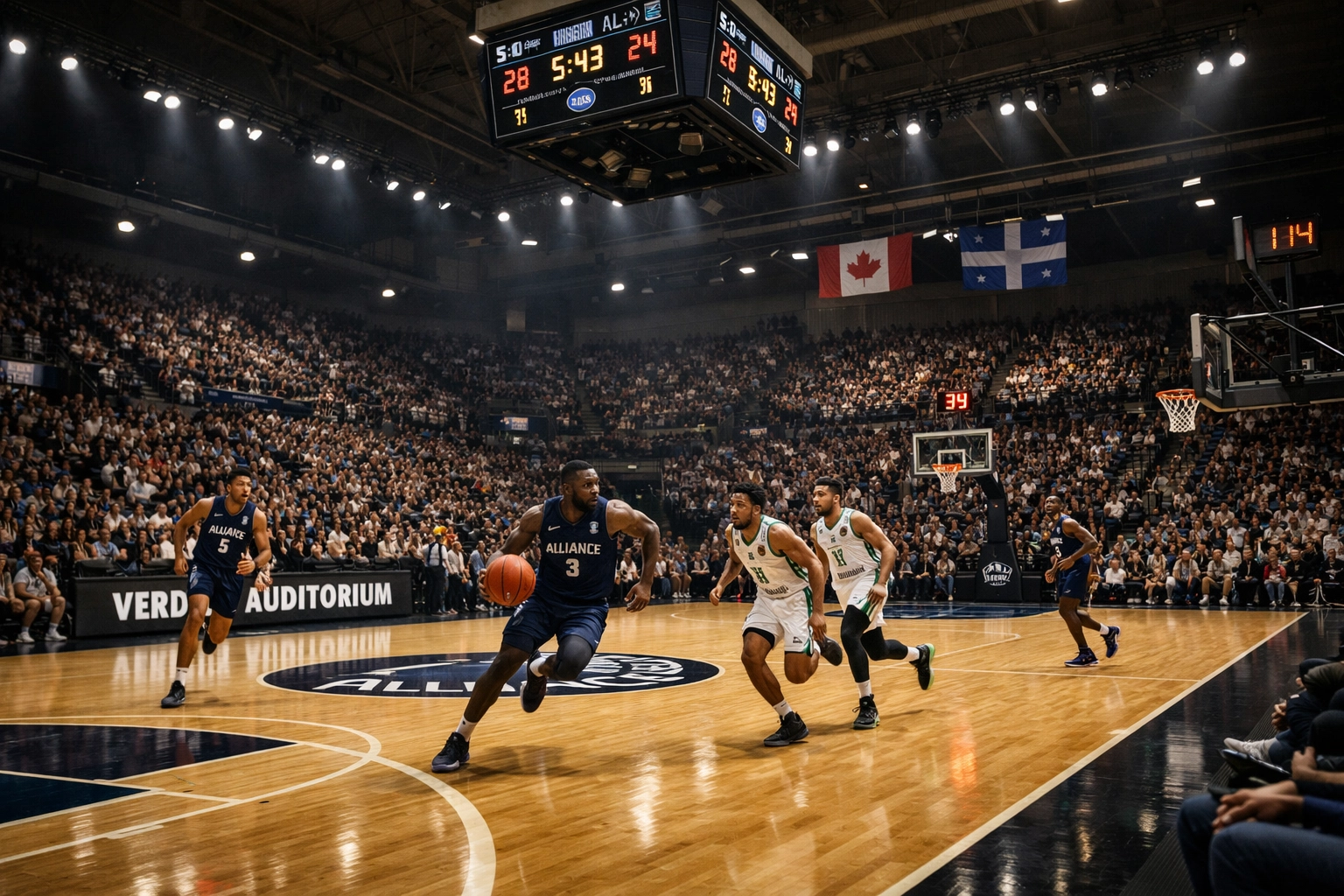 Exciting Montreal Alliance basketball game in action at the Verdun Auditorium for local sports fans.
