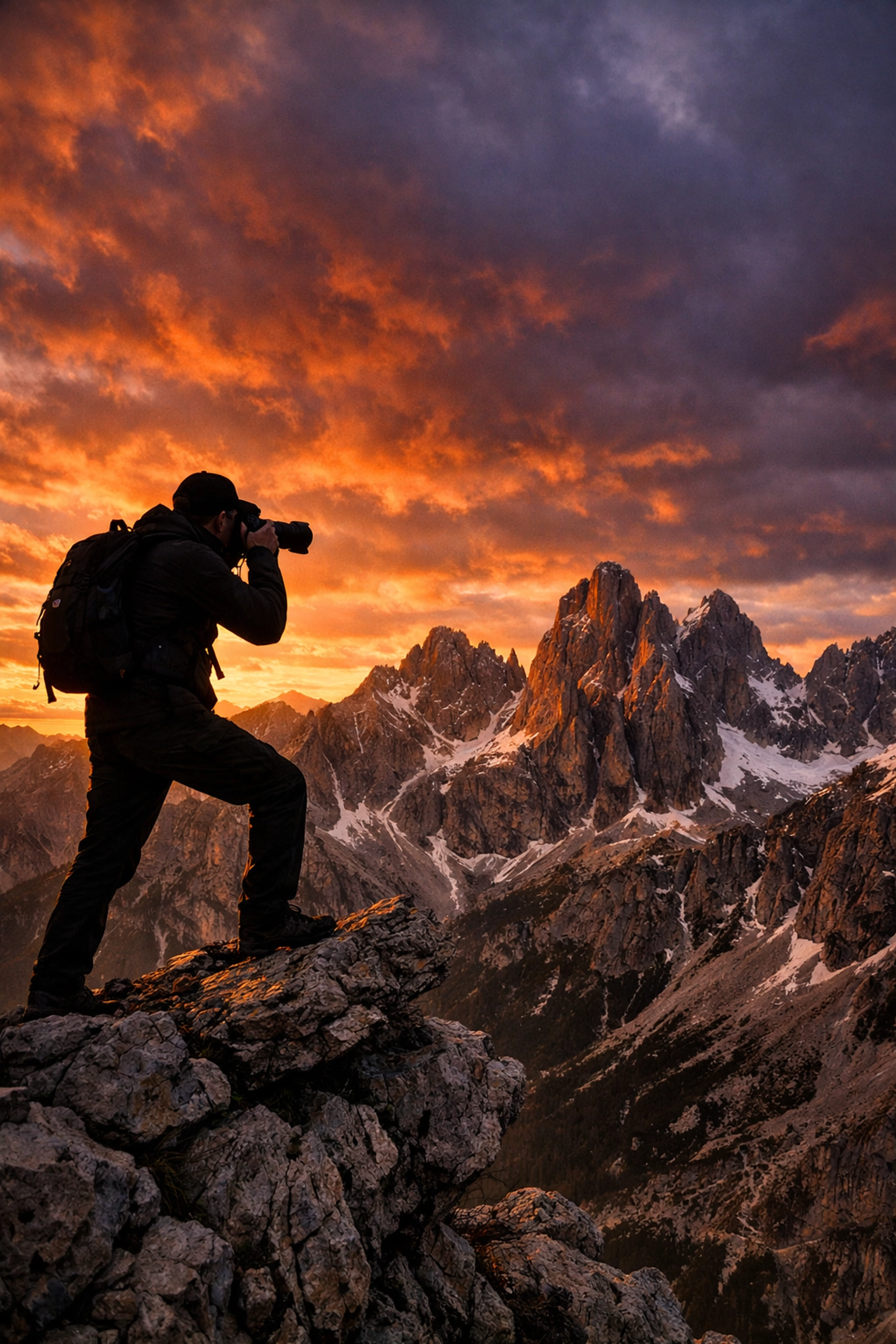 Photographer silhouetted in the Dolomites at sunset, capturing iconic shots at global photography locations.