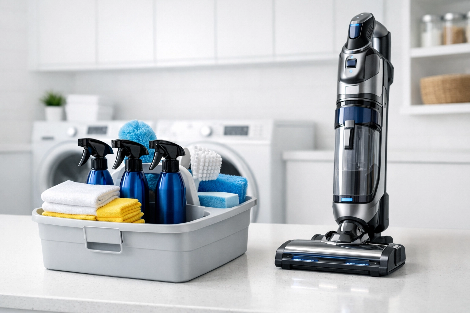 Maid service Worcester cleaning caddy with professional tools and microfiber cloths.