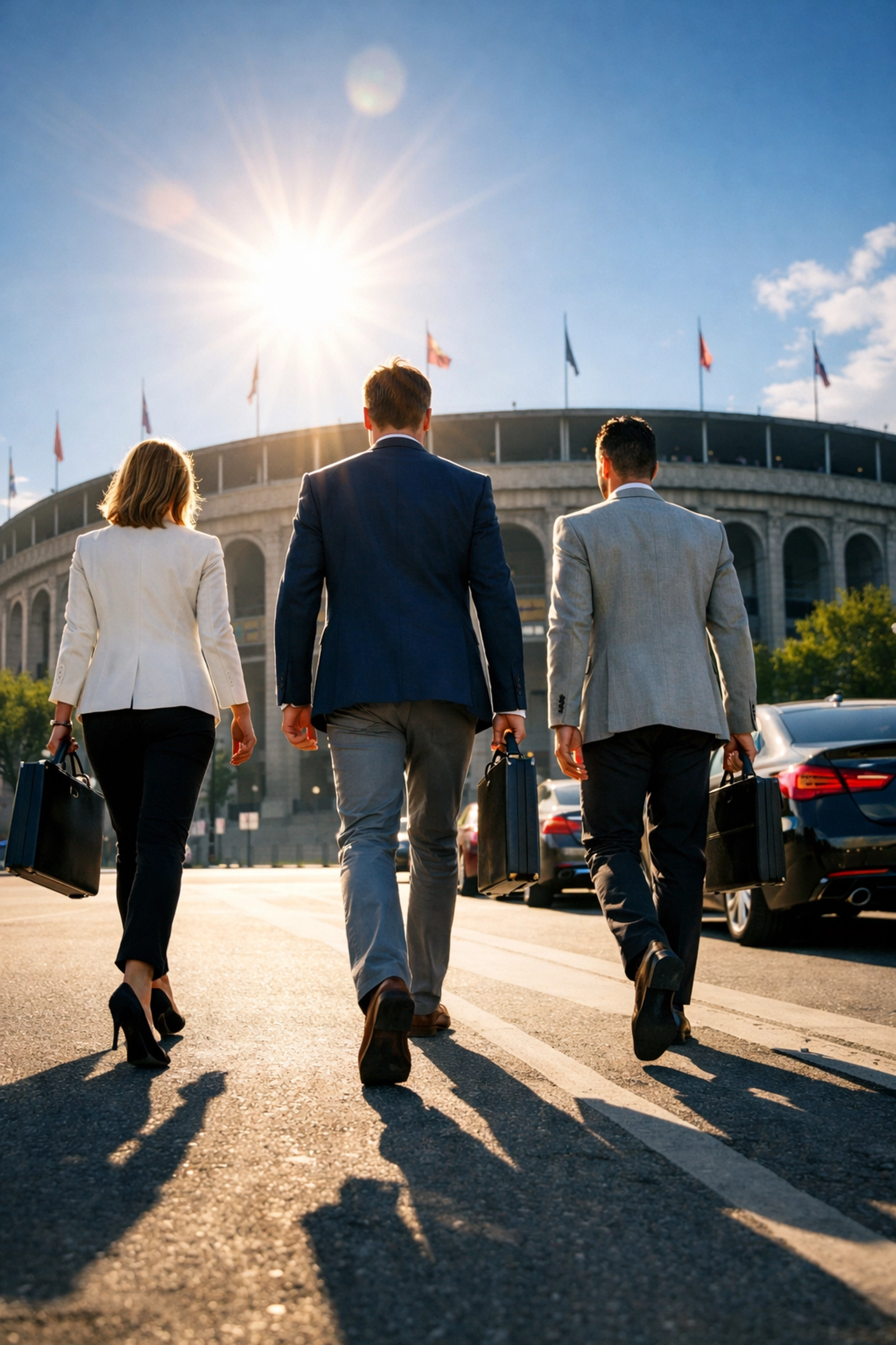 Corporate executives walking to a stadium for high-stakes networking and sports marketing events.