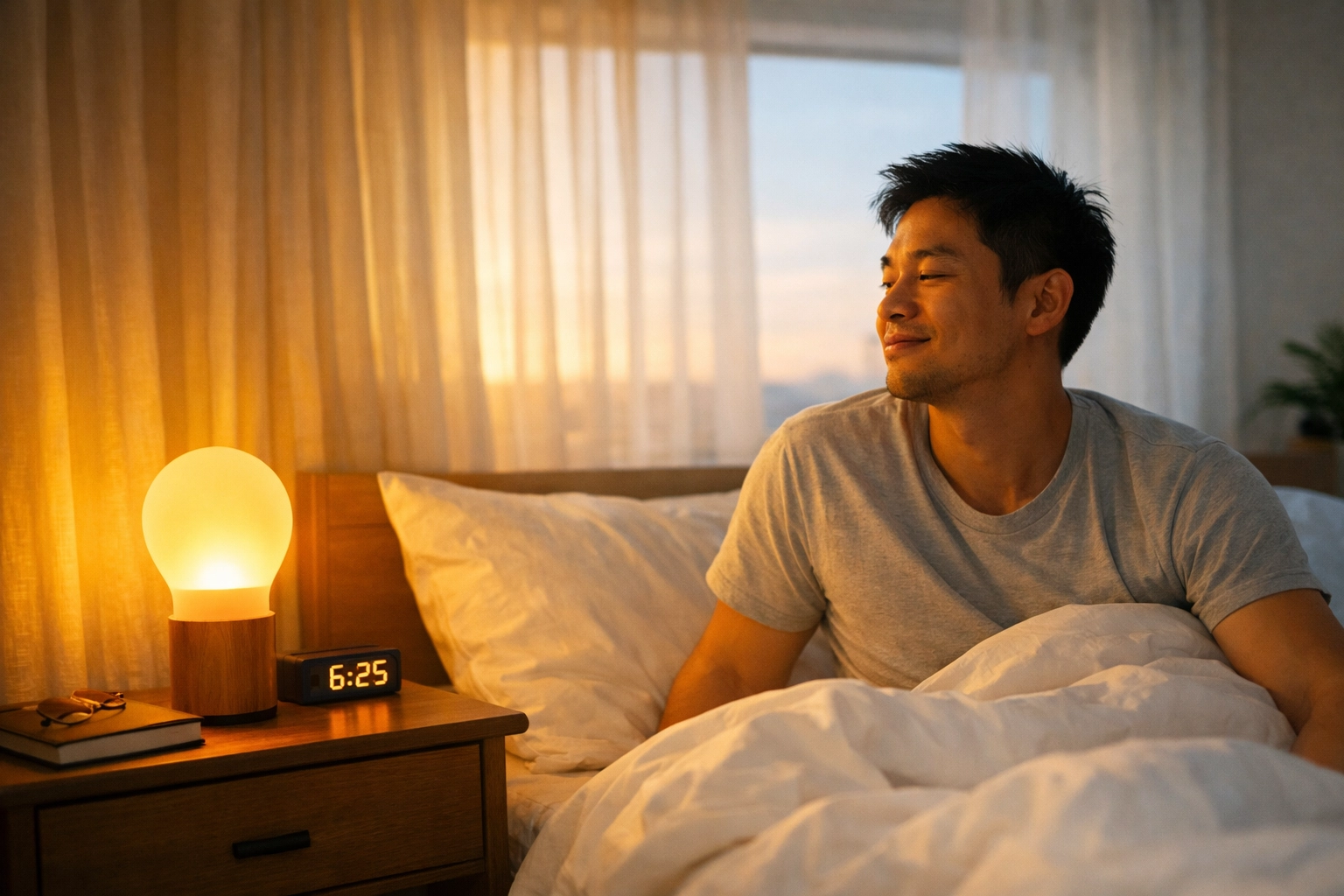 Smart lighting system creating sunrise simulation in bedroom for natural wake-up