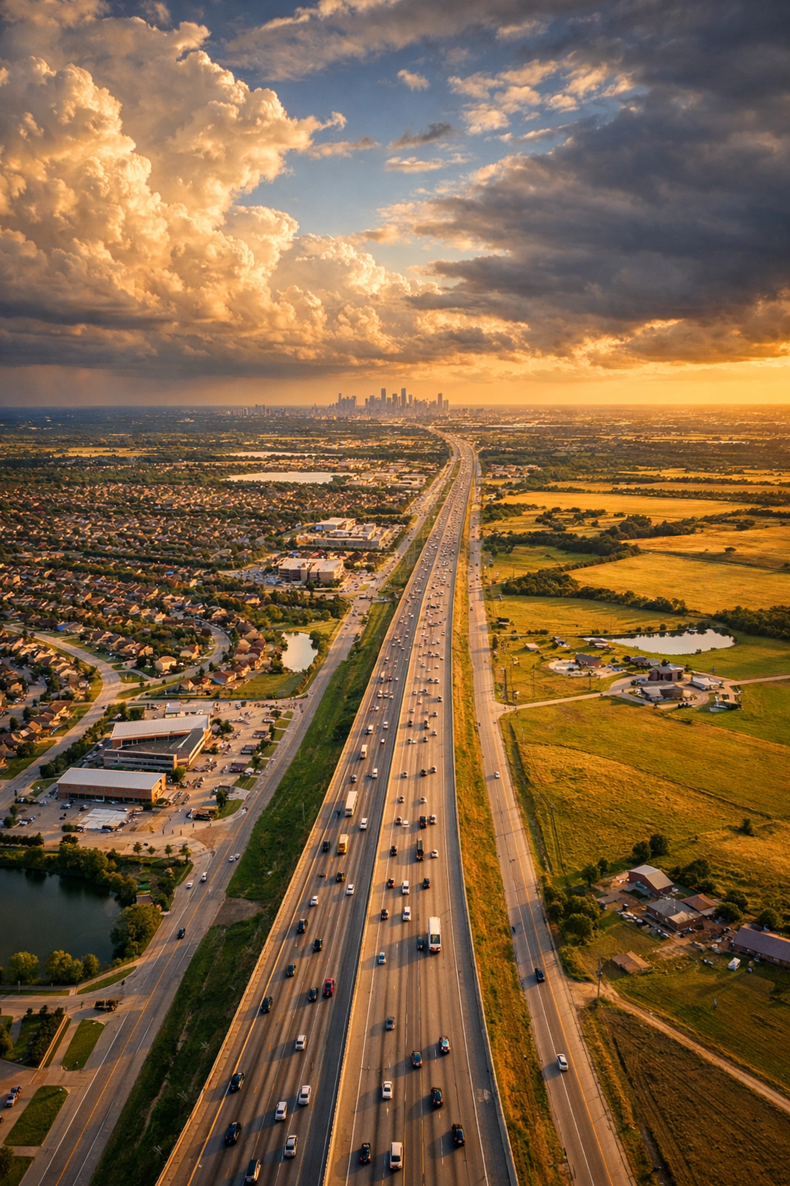 Interstate 30 corridor through North Texas showing suburban development and agricultural land