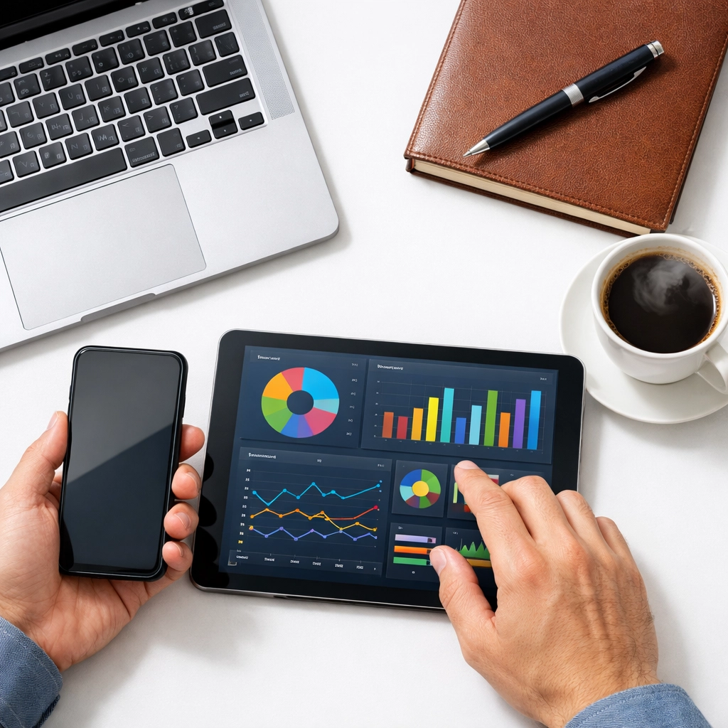 ServiceNow ITOM and ITAM analytics dashboard displayed on a tablet in a professional workspace.