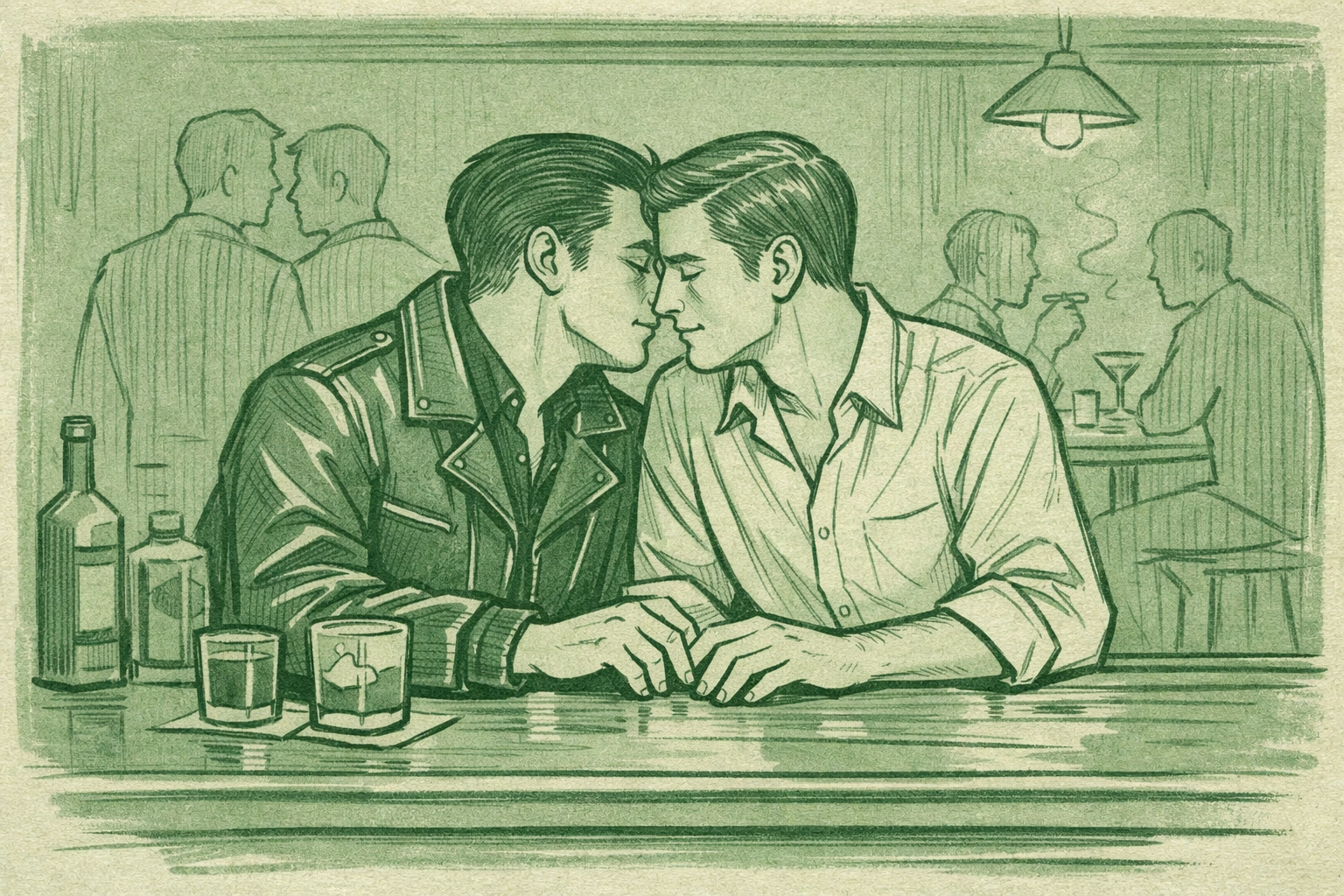 Gay men share intimate moment in 1960s bar, pre-Stonewall era LGBTQ+ history