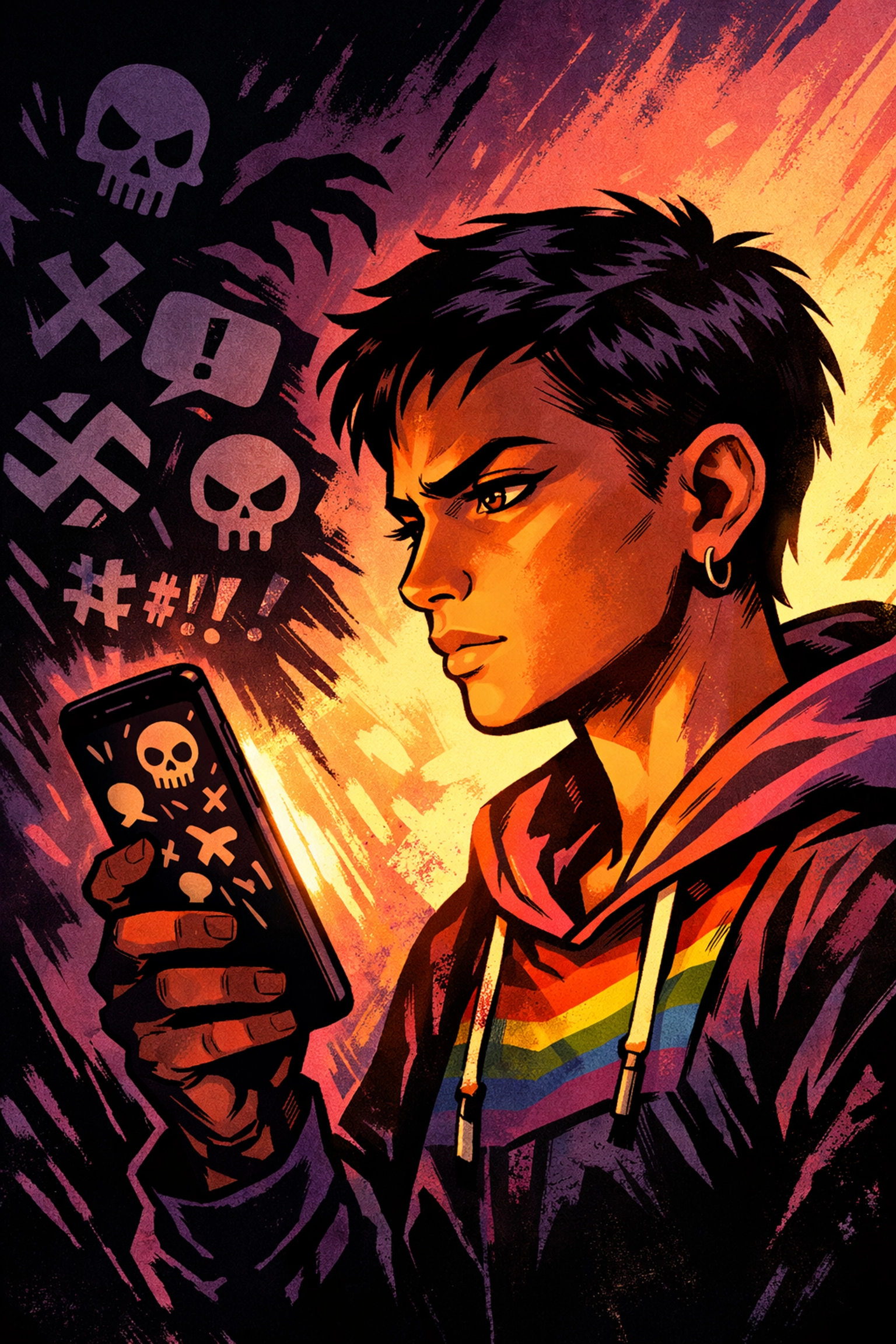 Young queer artist facing online harassment with resilience and determination