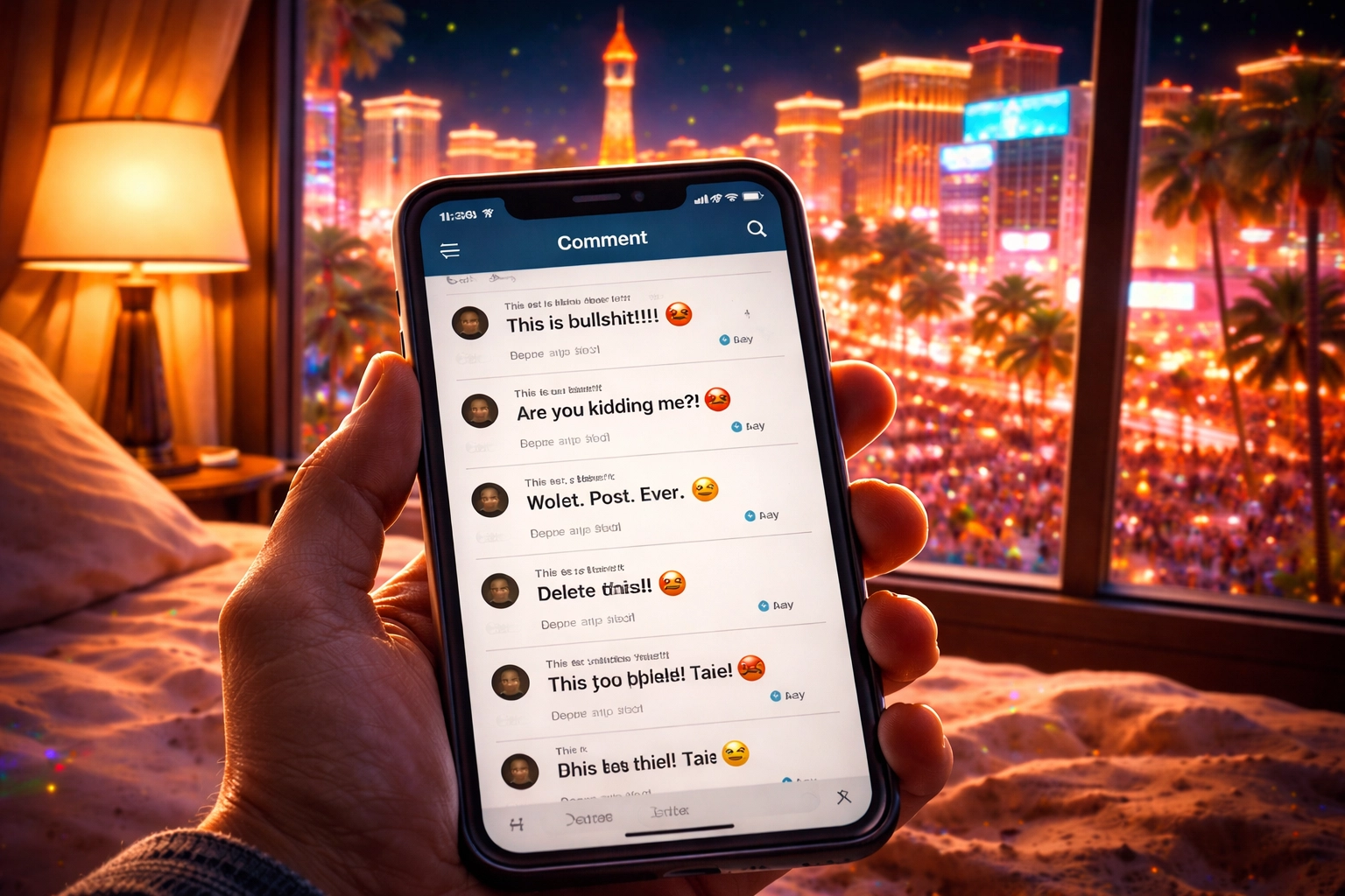 A hotel guest observes angry social media comments about Las Vegas Strip chaos at night, highlighting public reactions to civil unrest.