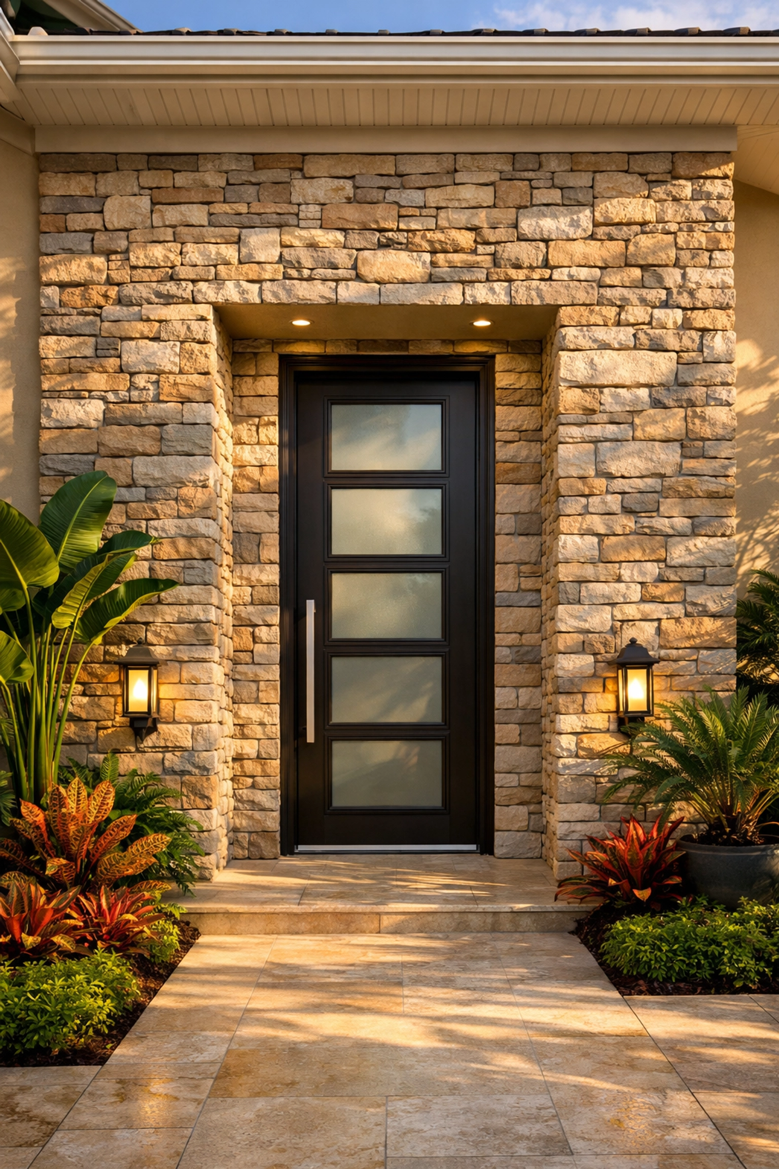 Manufactured stone veneer entrance with tropical landscaping on Orlando home