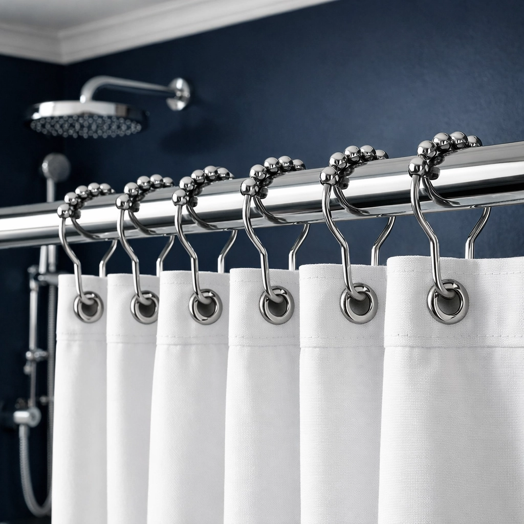 Durable ball-bearing shower curtain rings installed on a clean rod in a modern bathroom.