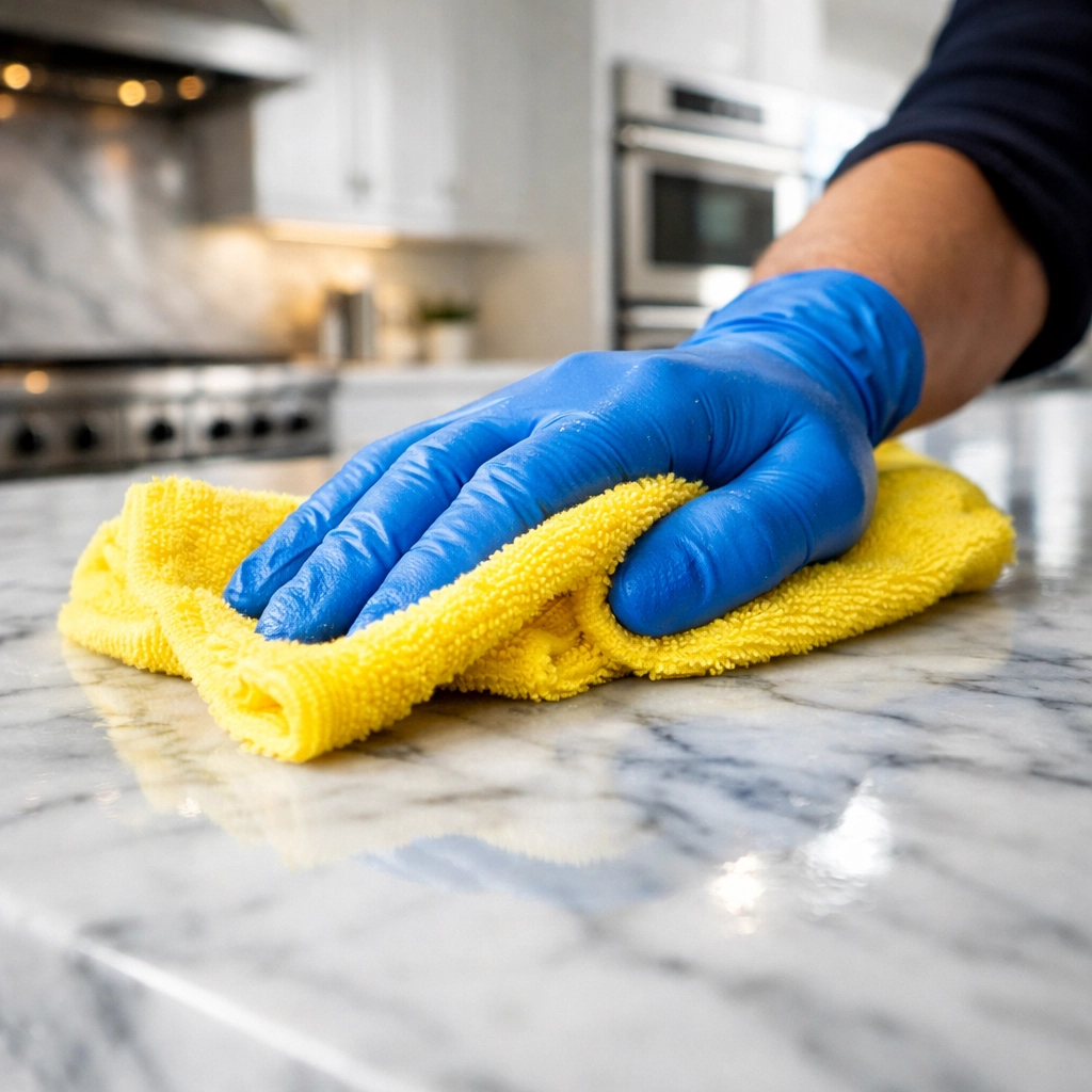 Professional house cleaning Brookline MA expert polishing a white marble kitchen island with precision.