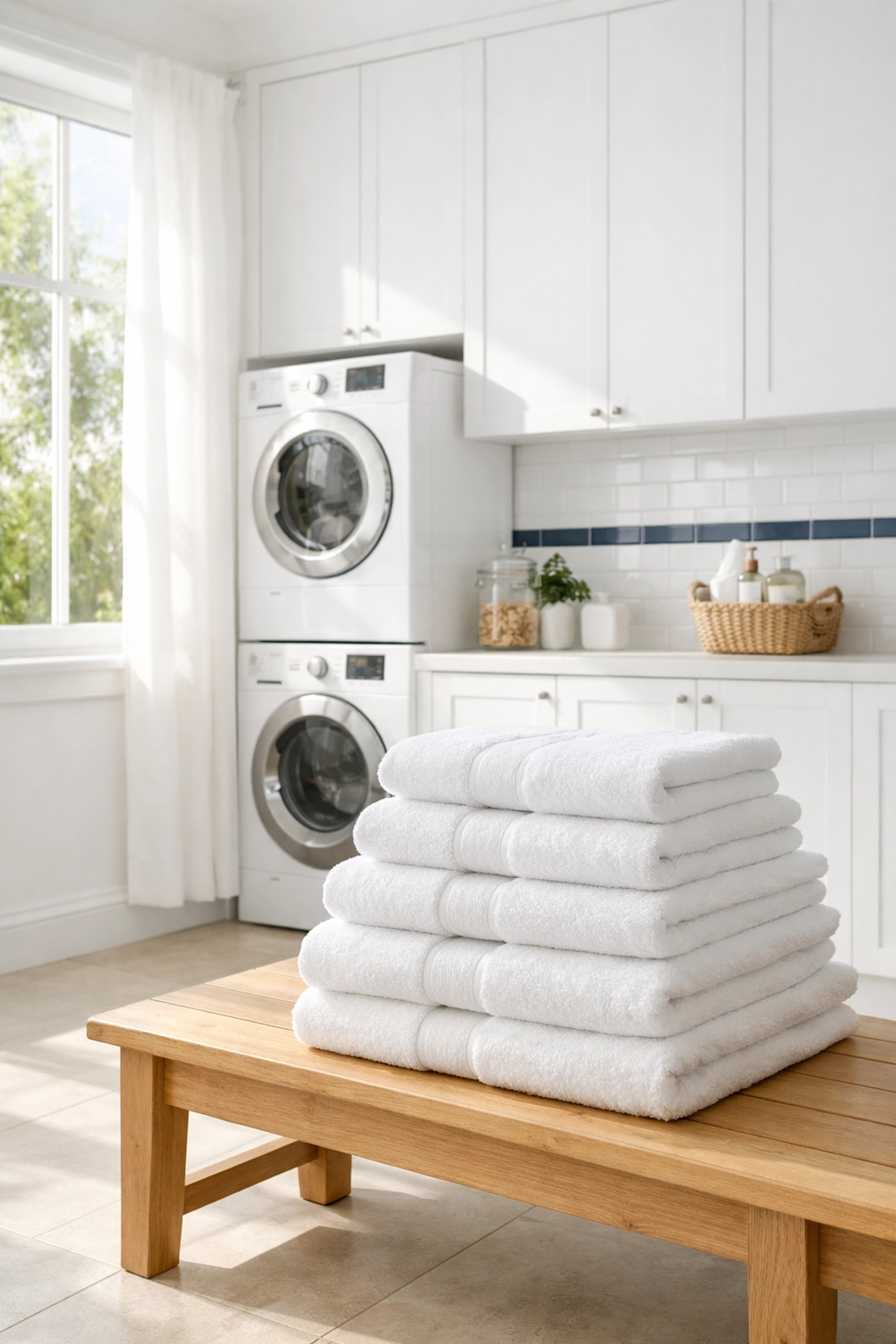 Modern eco-friendly laundry room with white cabinets and a stack of plush, toxin-free towels.