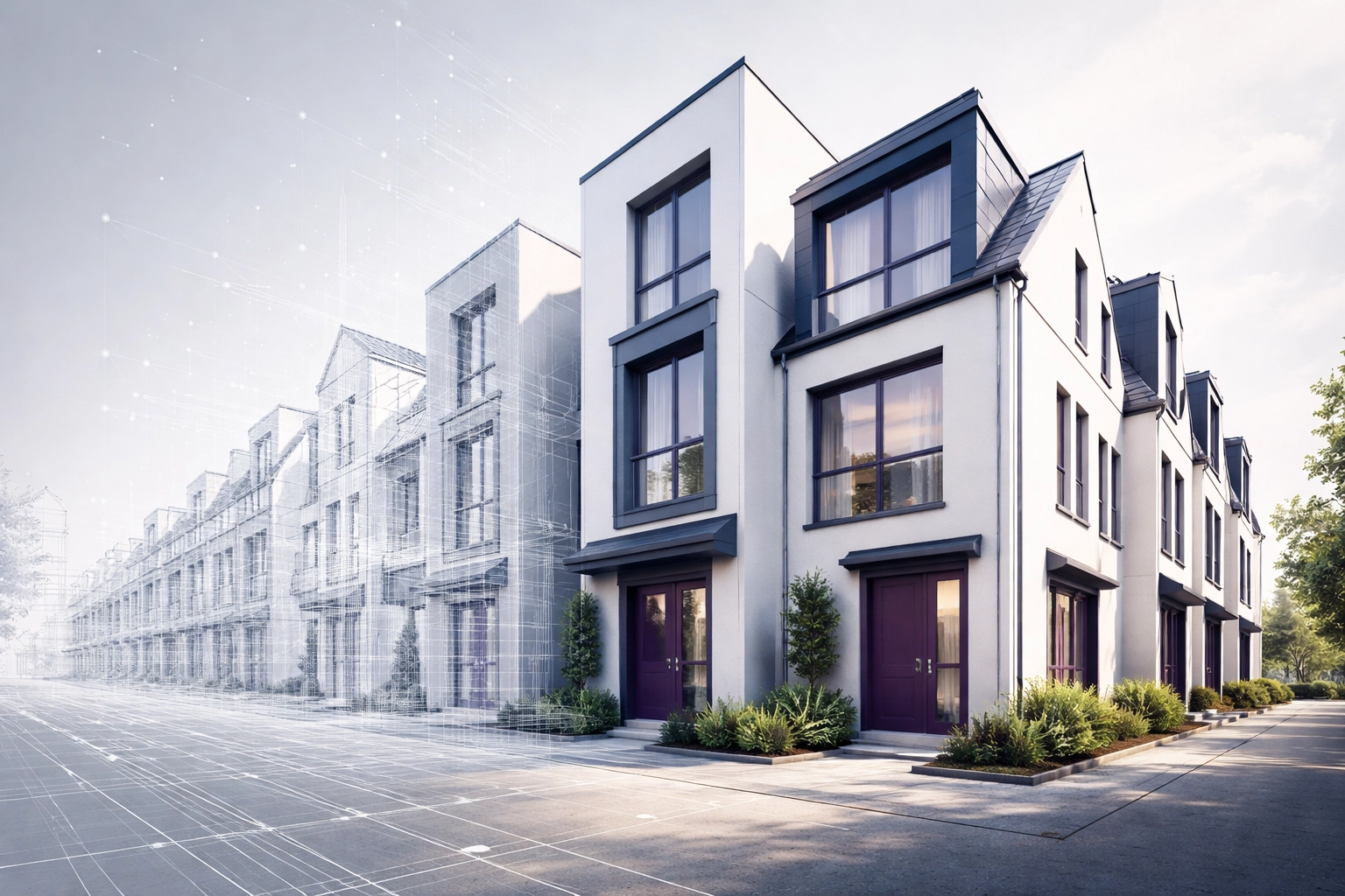 Modern UK townhouses emerging from blueprints, symbolising AI-driven property development and future market opportunities.