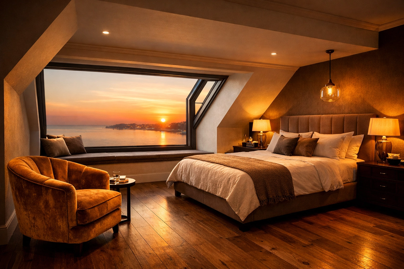 Completed luxury master suite loft conversion in Bognor Regis with a modern dormer window.