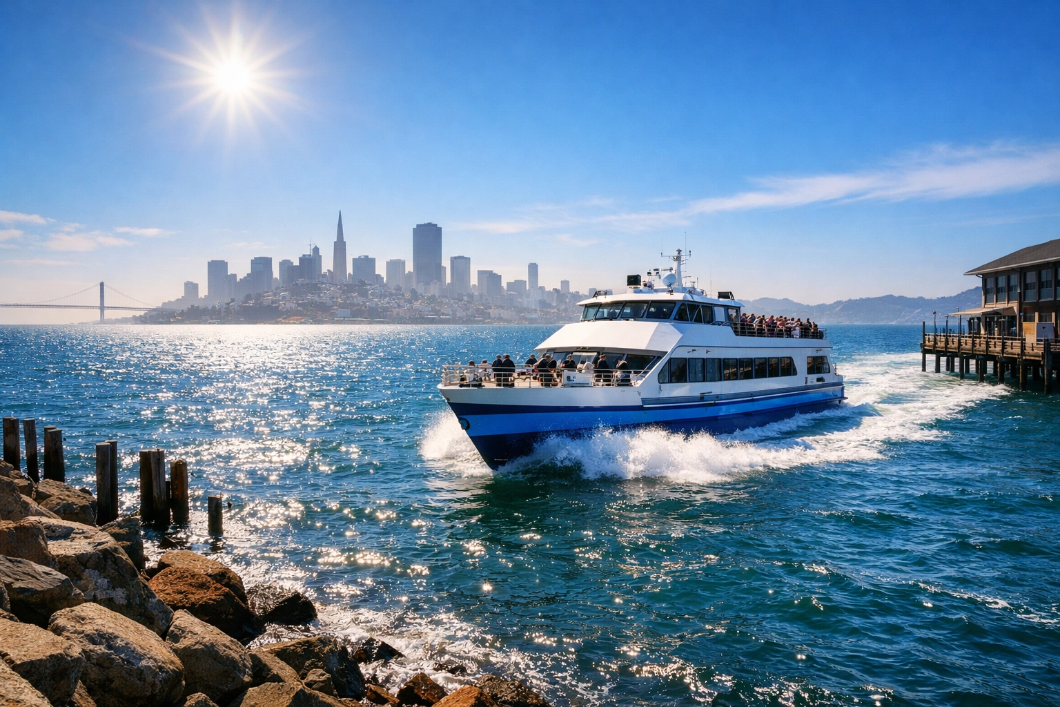 A sausalito ferry crossing the san francisco bay with the city skyline in the background.