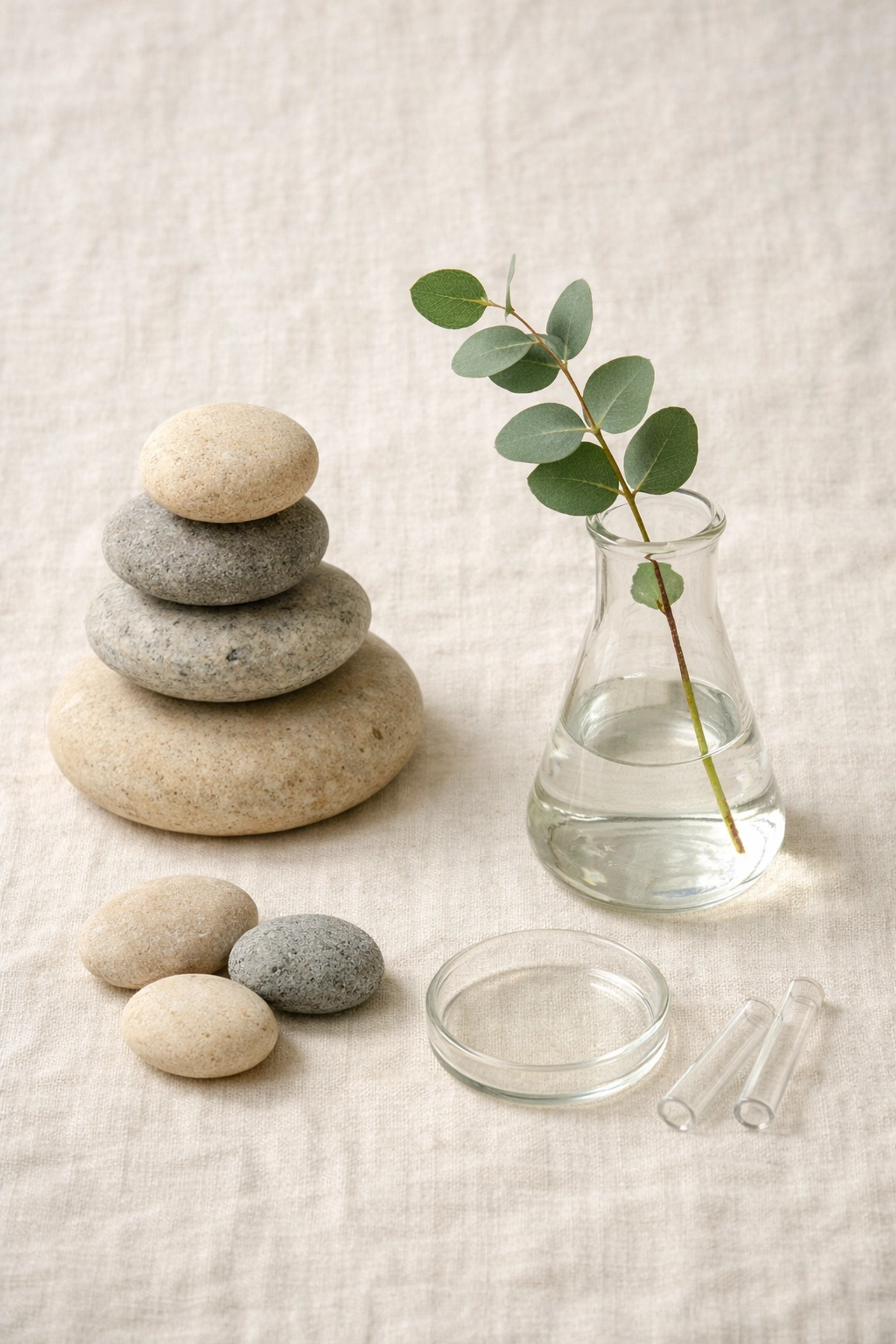 Balanced stones beside a glass lab flask, symbolizing the precision needed for A Level Chemistry Paper 3 success.