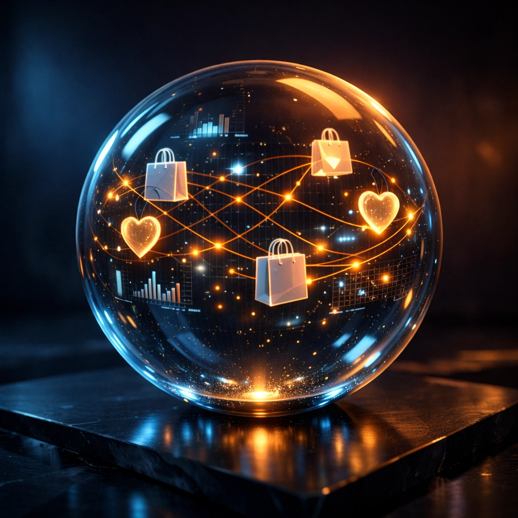 Holographic data visualization representing predictive analytics and customer behavior tracking for e-commerce scaling.