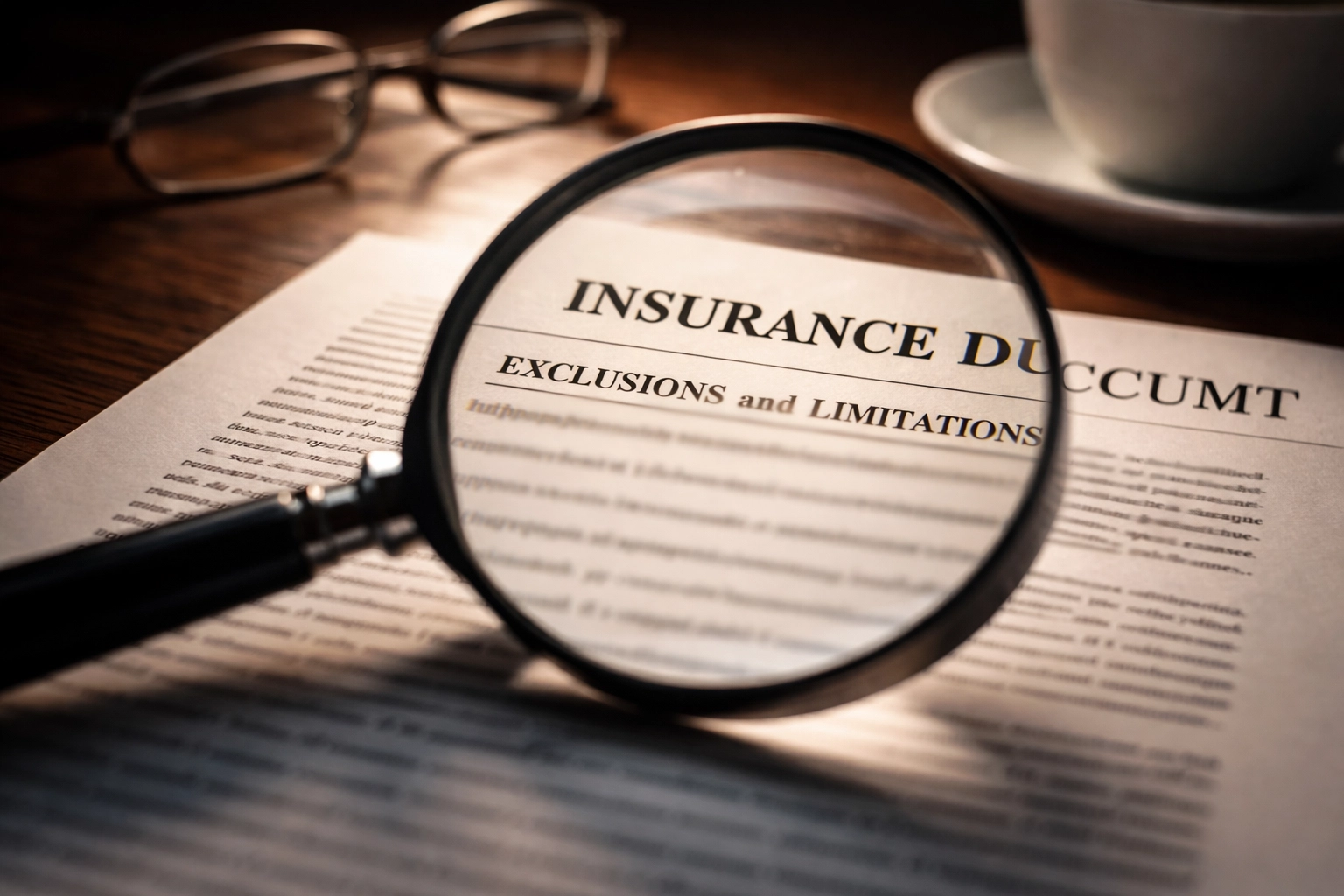 Magnifying glass examining fine print on an insurance document, highlighting policy exclusions in property investment insurance.