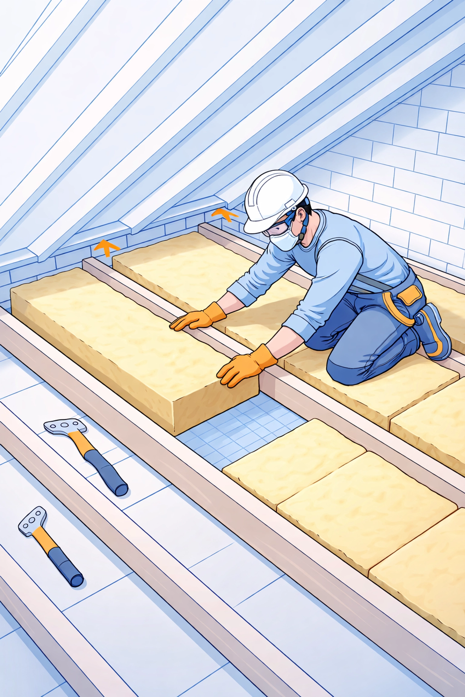 Professional installer fitting insulation between loft floor joists, emphasizing building regulations compliance