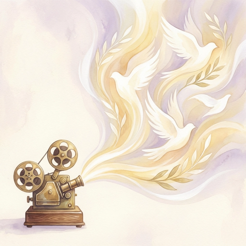 Vintage film projector shining light transforming into doves and olive branches, evoking spiritual film discernment.
