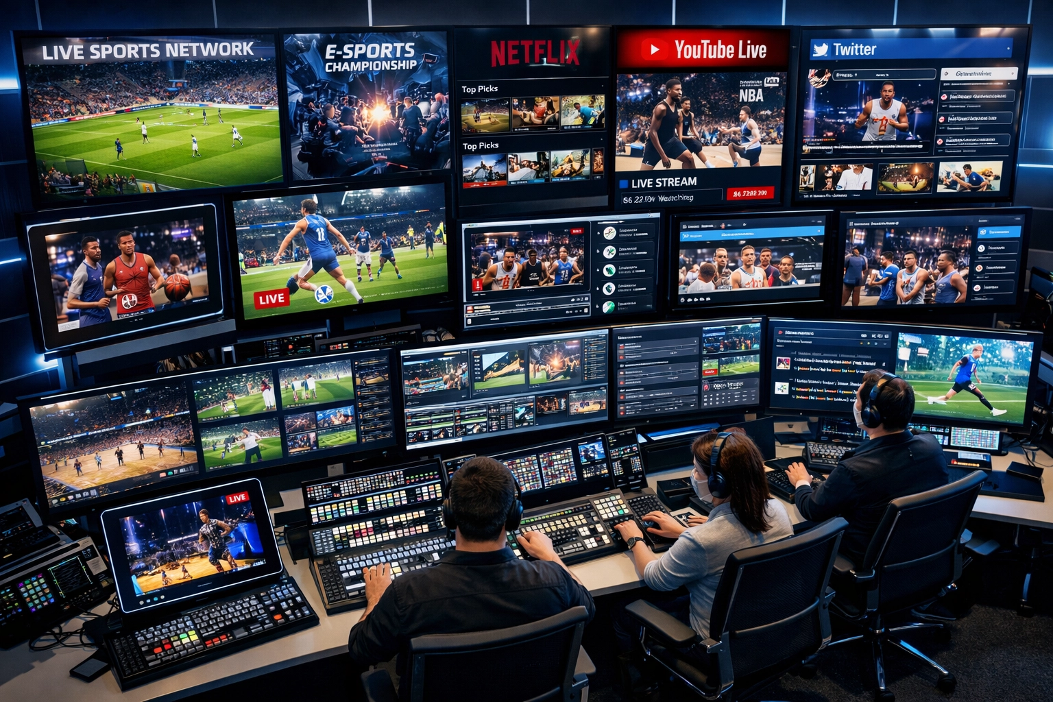 Media control room displaying sports content across broadcast, streaming, and digital platforms