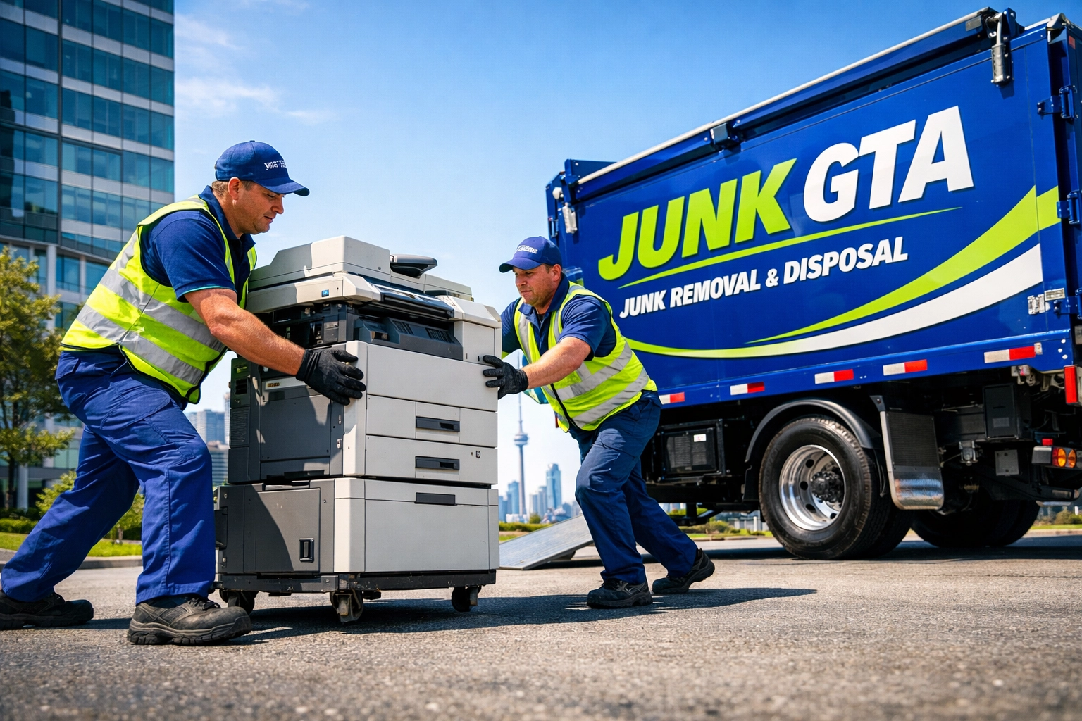 Commercial junk removal crew in Vaughan loading heavy office equipment into a professional branded truck.
