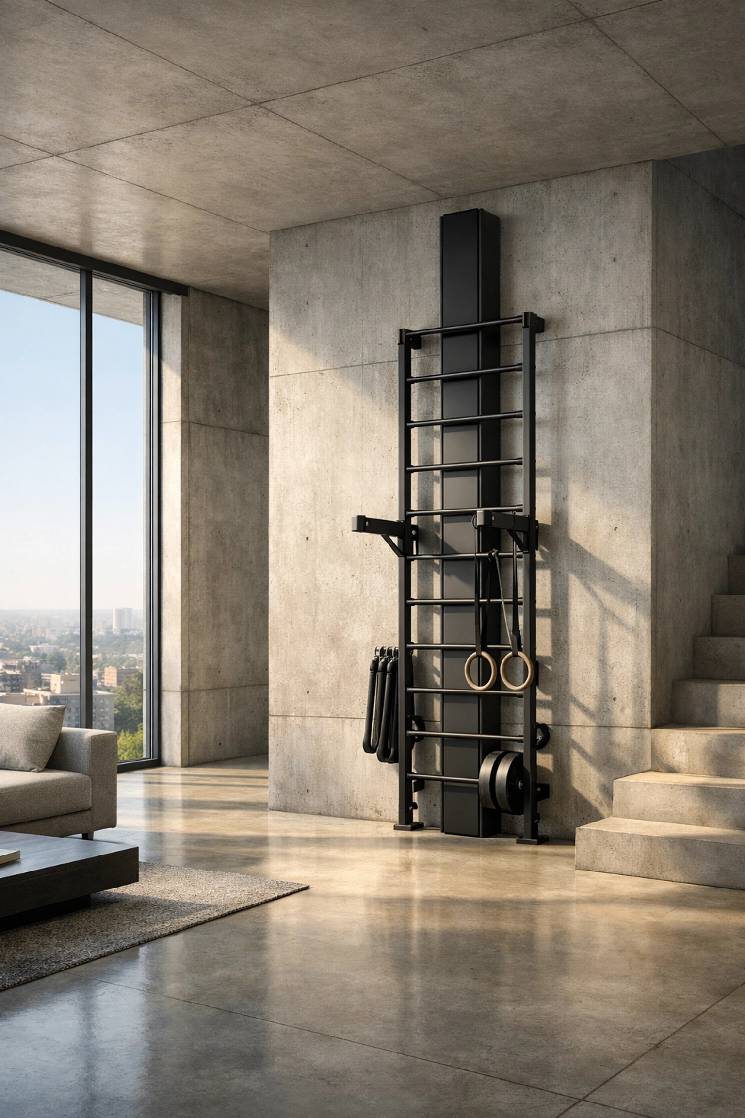 Sleek floor to ceiling gym rail in a minimalist loft, showcasing a no wall damage workout system.