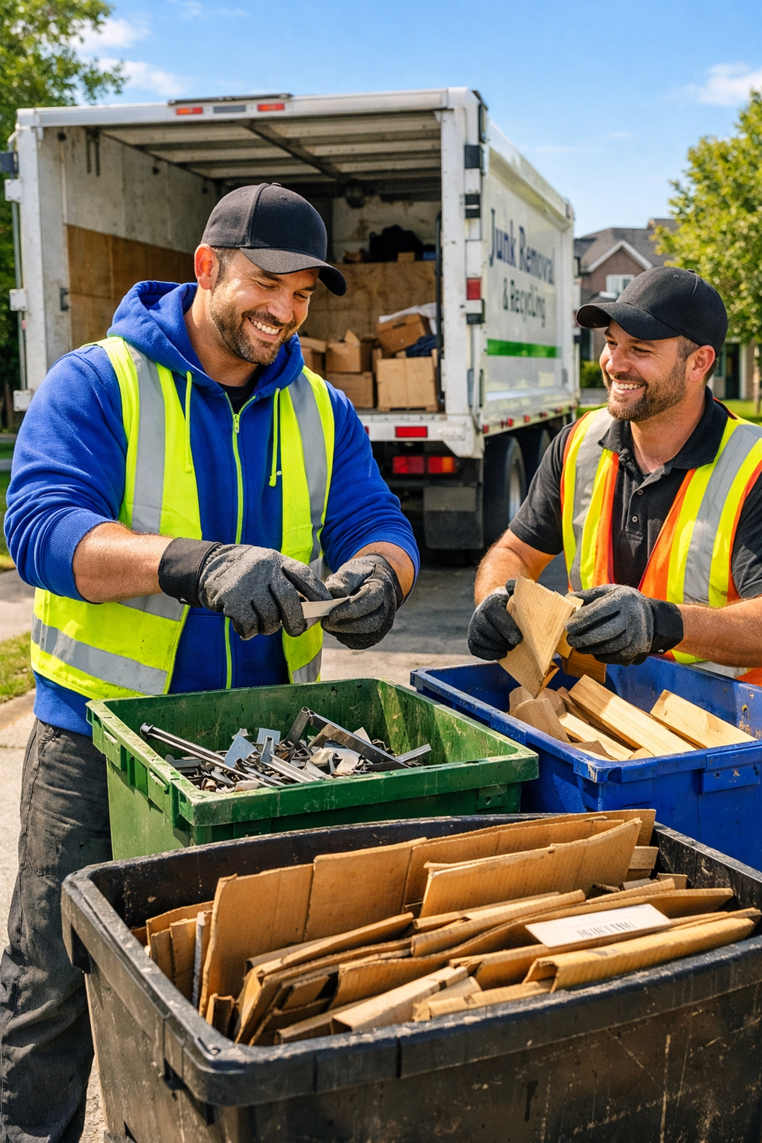 Looking for Eco-Friendly Waste Disposal in Toronto? Here Are 10 Things You Should Know Junk GTA crew hand-sorting wood and metal for recycling to divert waste from Ontario landfills.