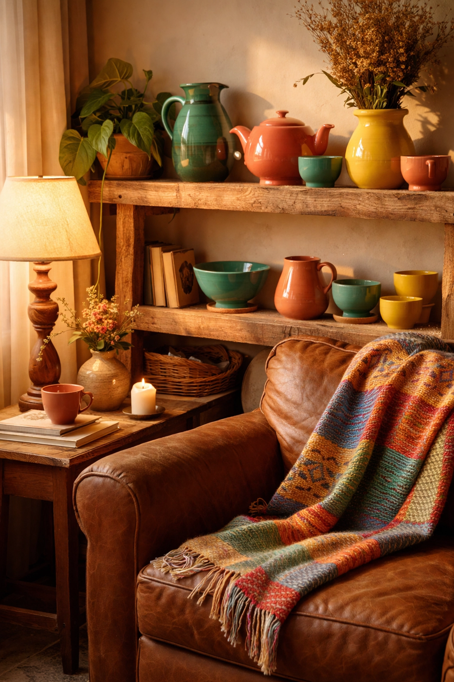 Cozy living room corner styled with handcrafted ceramics and textiles, reflecting artisan home decor and dopamine décor concepts