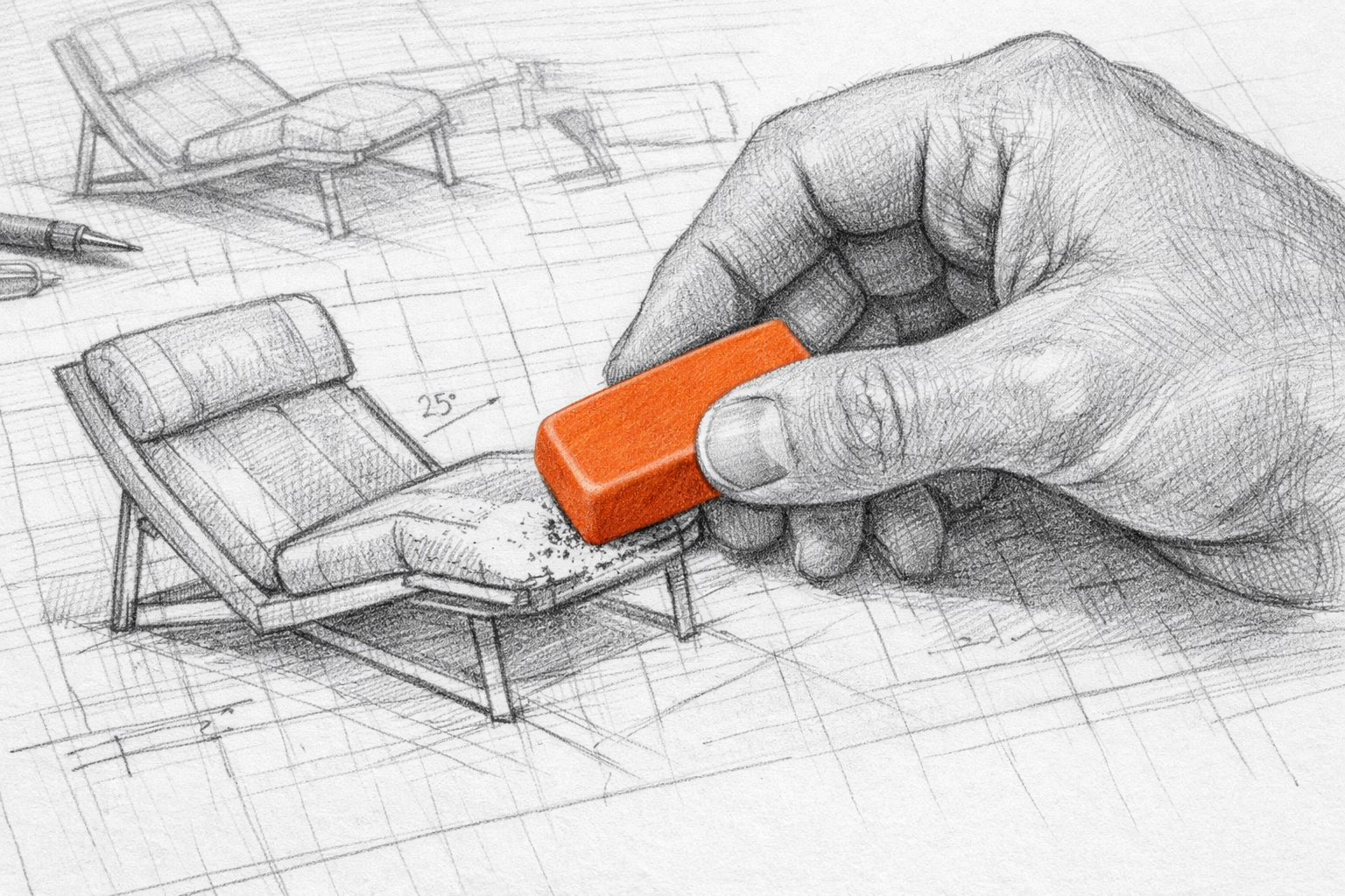 Erasing brand logos from a furniture sketch to comply with IDCEC proprietary content rules.