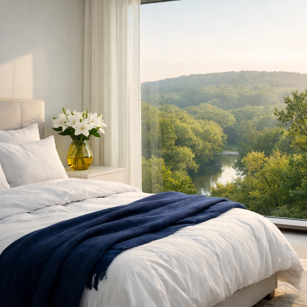 Clean master bedroom in Winchester overlooking the Aberjona River, featuring fresh linens and a serene vibe.