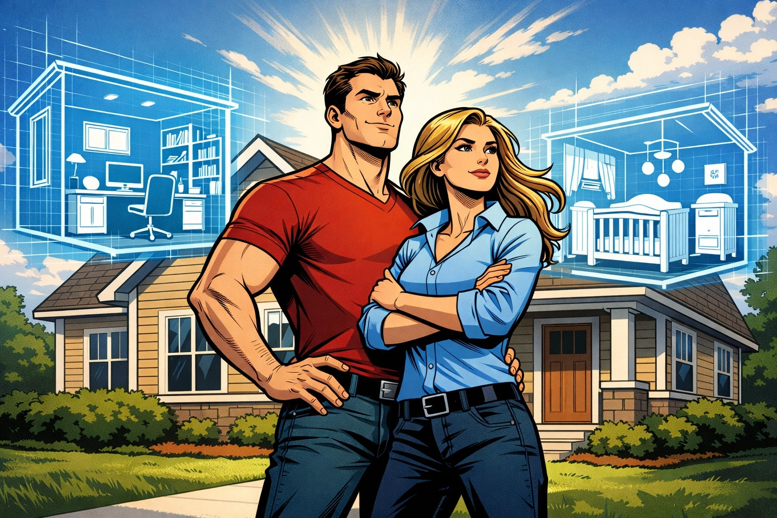 Comic illustration of a couple planning future home needs like a nursery and home office in CT.