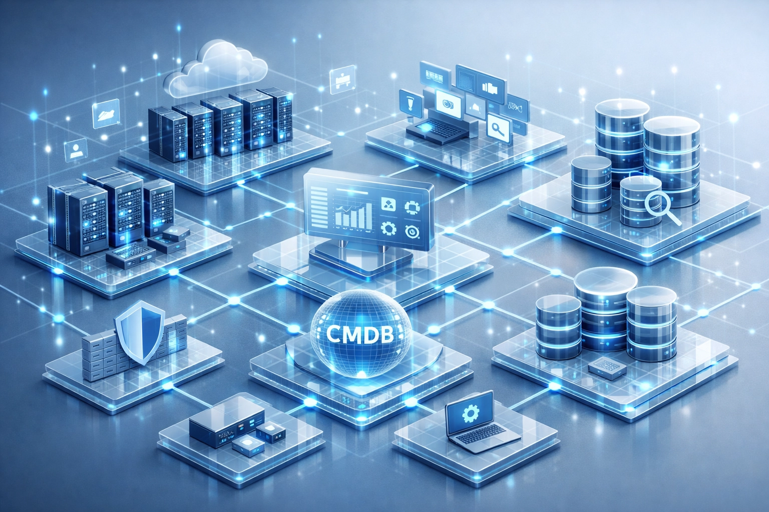 ServiceNow CMDB visualization showing interconnected IT infrastructure and configuration items